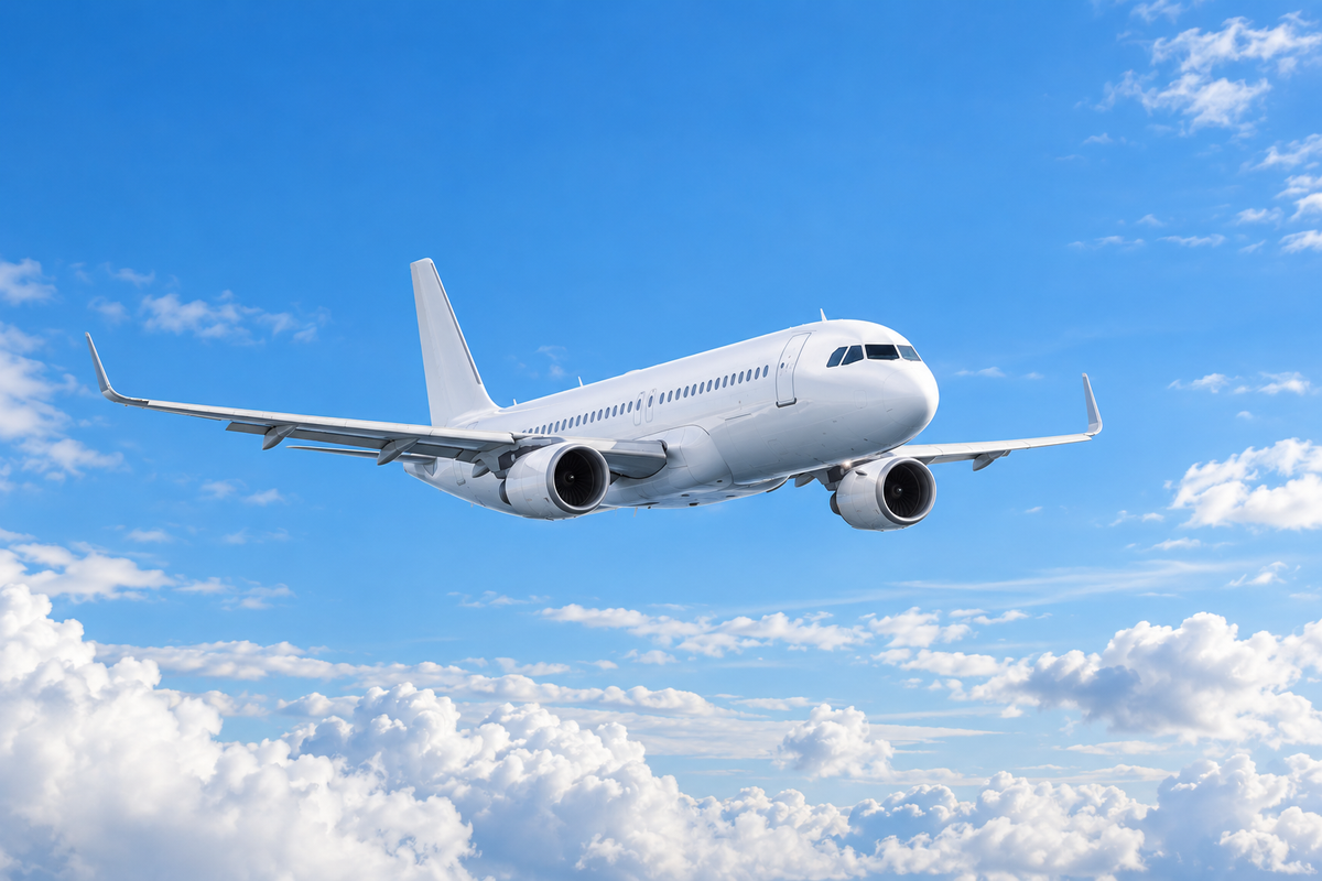 Airplane Flying Above the Clouds with Blue Sky in Background