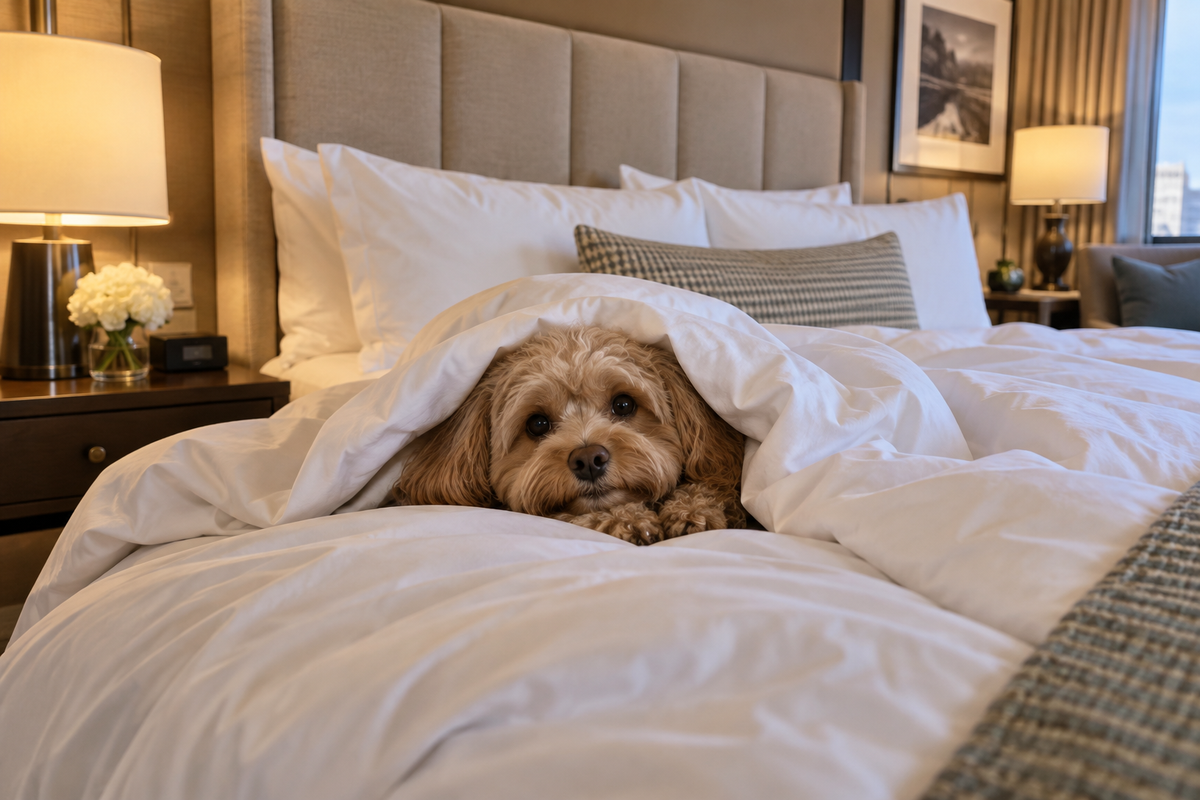 Cozy small dog under the comfortable in a hotel room bed