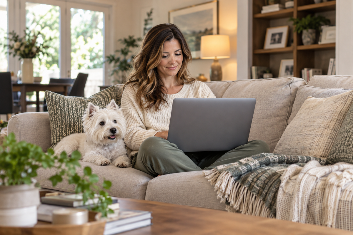 Dog mom sitting on couch next to small dog and looking at computer