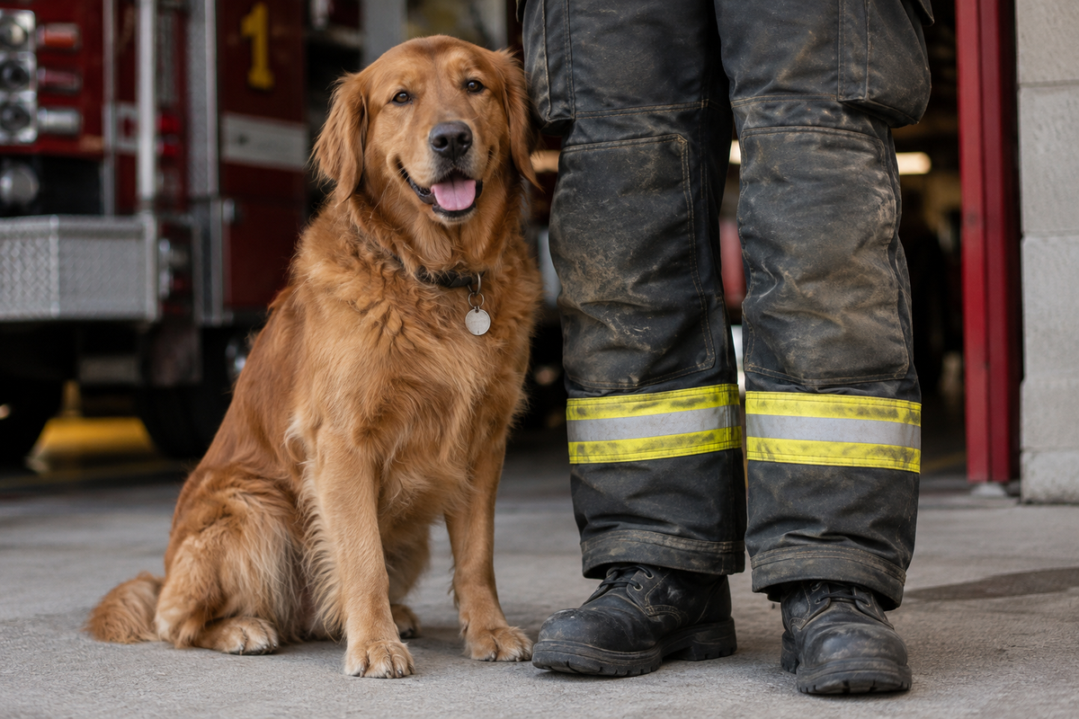 Golden retriever sitting aside legs of a firefighter in front of fire station
