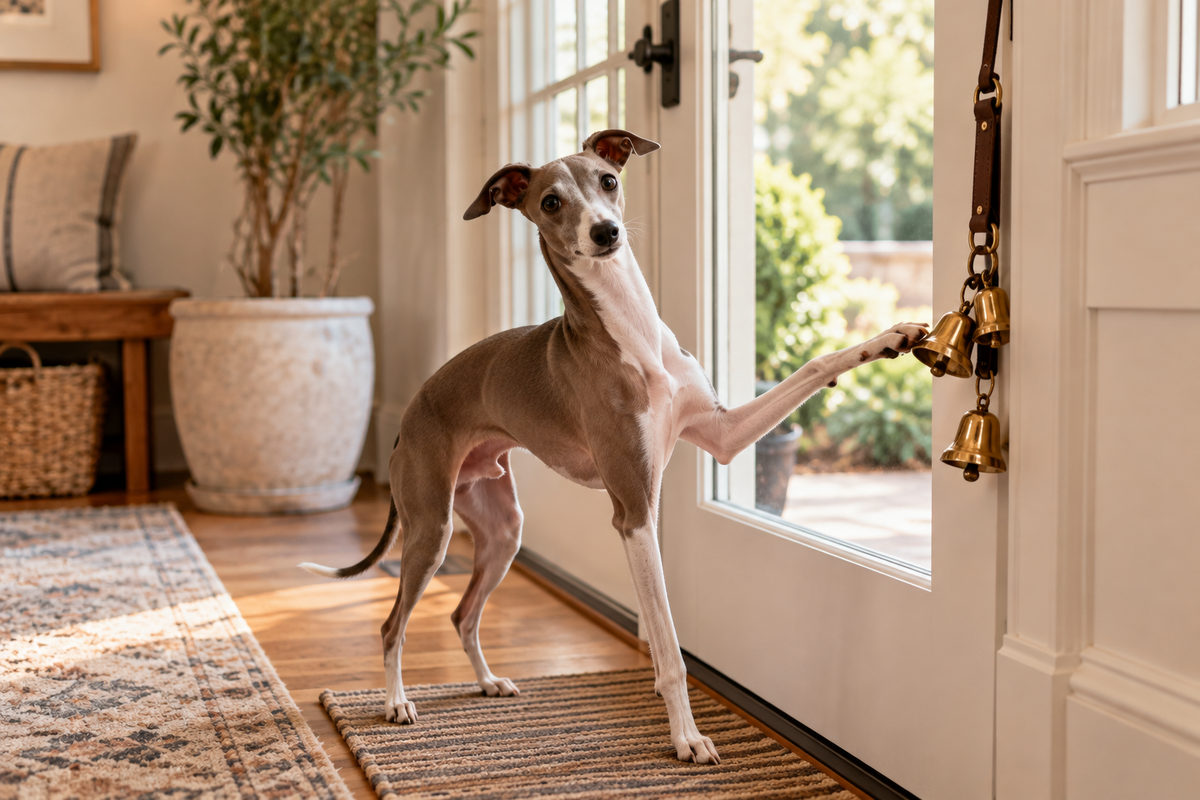 Italian Greyhound ringing a doggy door bell to go outside for potty break