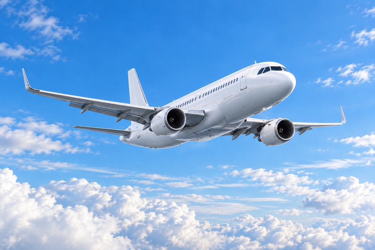 Airplane flying in sky above clouds with blue sky all around