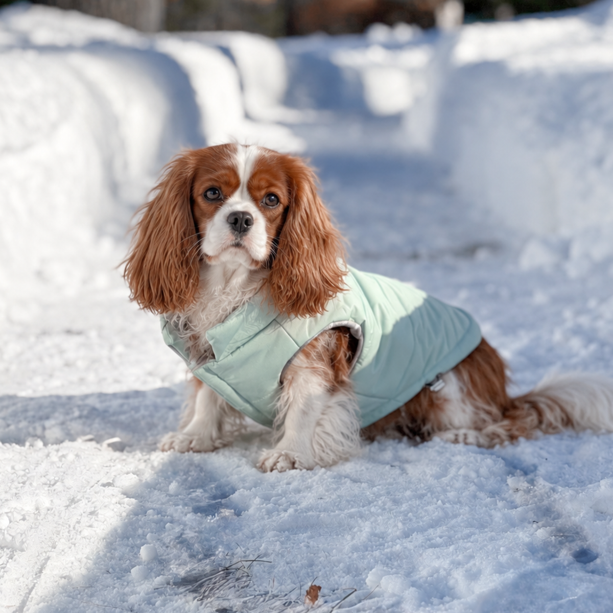 Cavalier King Charles Spaniel wearing a soft and insulated winter puffer dog coat in color sea foam green while sitting between two snow banks outside on snowy day