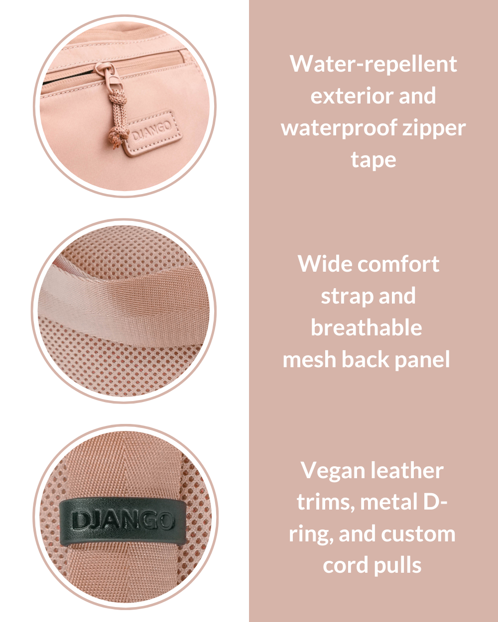 DJANGO Nolita Belt Bag in Sand Pink - Modern, sleek, ultra-functional, and dog-friendly nylon fanny pack for everyday outings and adventures - djangobrand.com