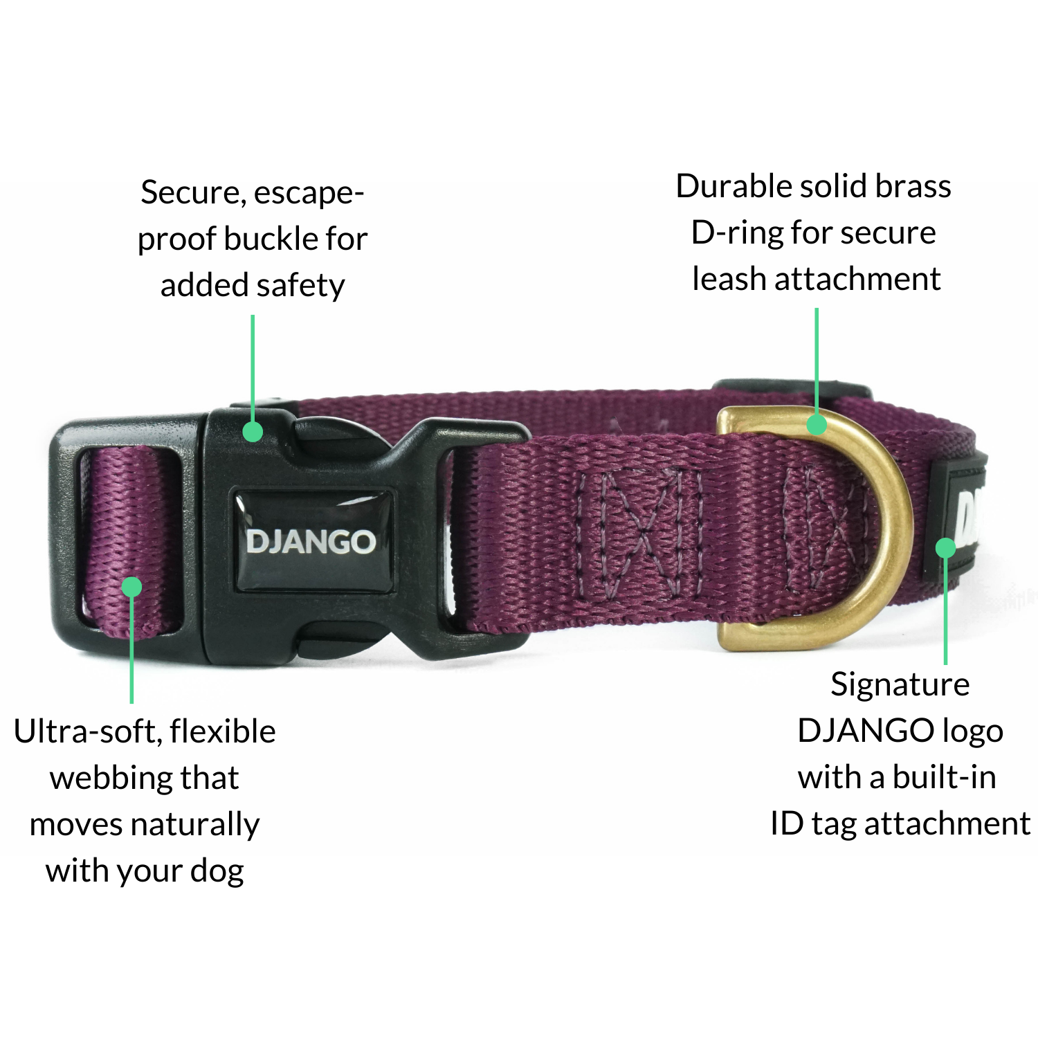 Adjustable plum purple DJANGO Adventure Dog Collar, designed to fit small and medium dogs with ease, featuring a secure side-release buckle and strong webbing