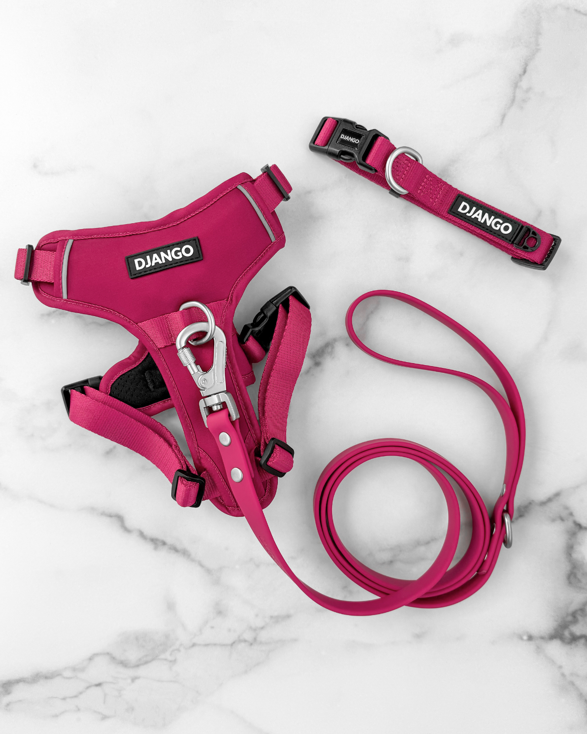 Django’s Hibiscus Pink no pull dog harness leash and collar set – A durable and comfortable walk set for small to large dogs who love outdoor adventures