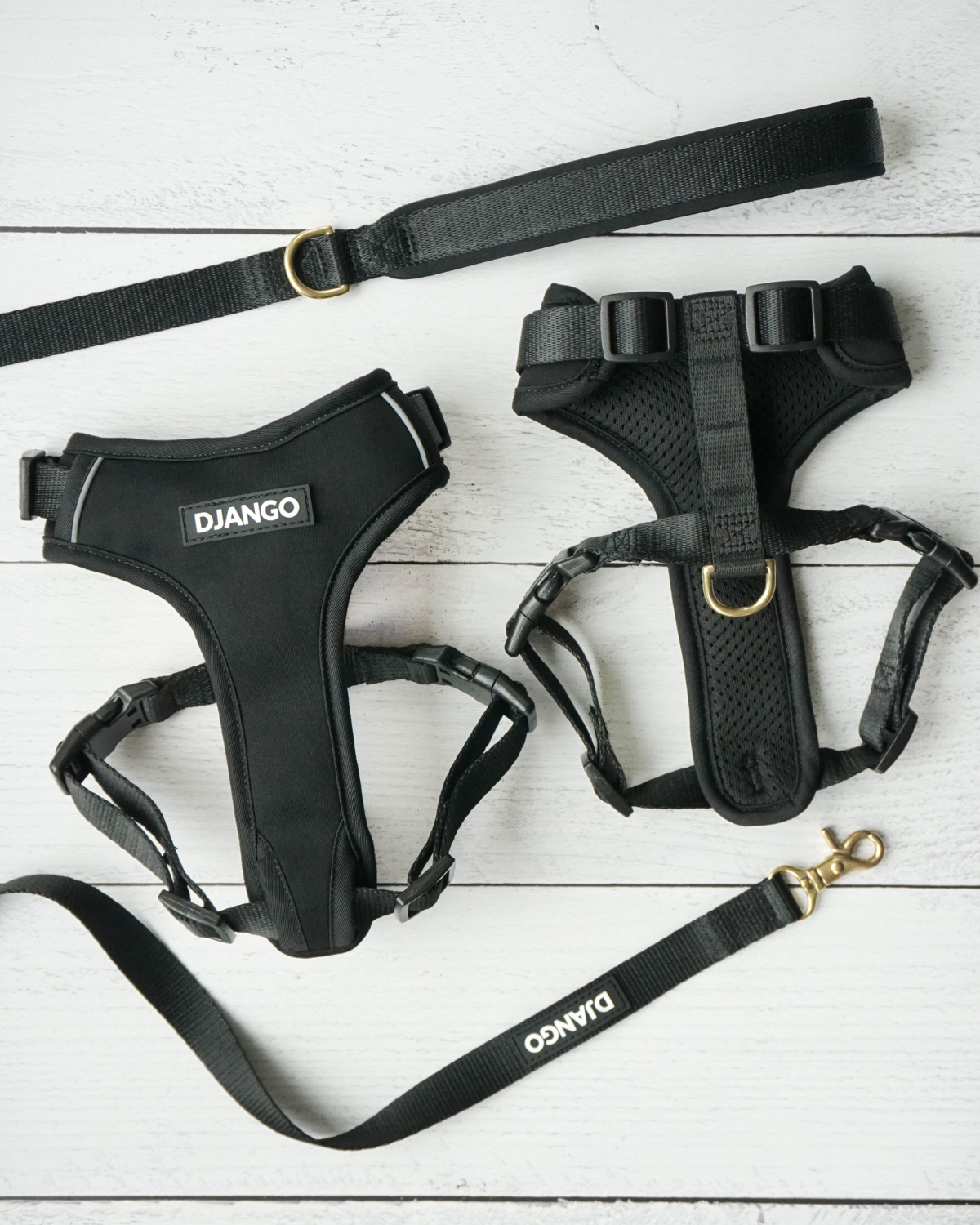 Front and back lay flat views of DJANGO Adventure Dog Harness in black with matching leash and solid cast brass hardware