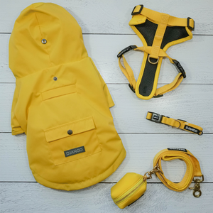 DJANGO Highland Cold Weather Dog Jacket and Raincoat in Dandelion Yellow - Made of water-repellent performance fabric, DJANGO's Highland Dog Jacket and Raincoat is a beautiful, stylish, and super functional dog coat. The soft-to-the-touch exterior shell will shield your pup from rain, snow, dirt, and windchill - djangobrand.com