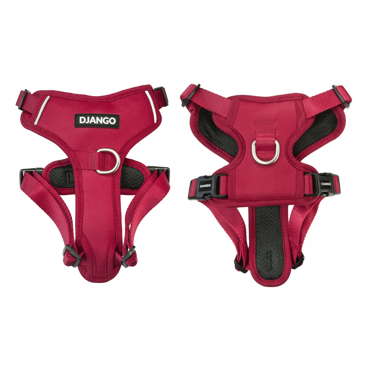 Front and back view of DJANGO Tahoe No Pull Dog Harness in Firelight Red showing reflective piping, chest panel, and padded back design