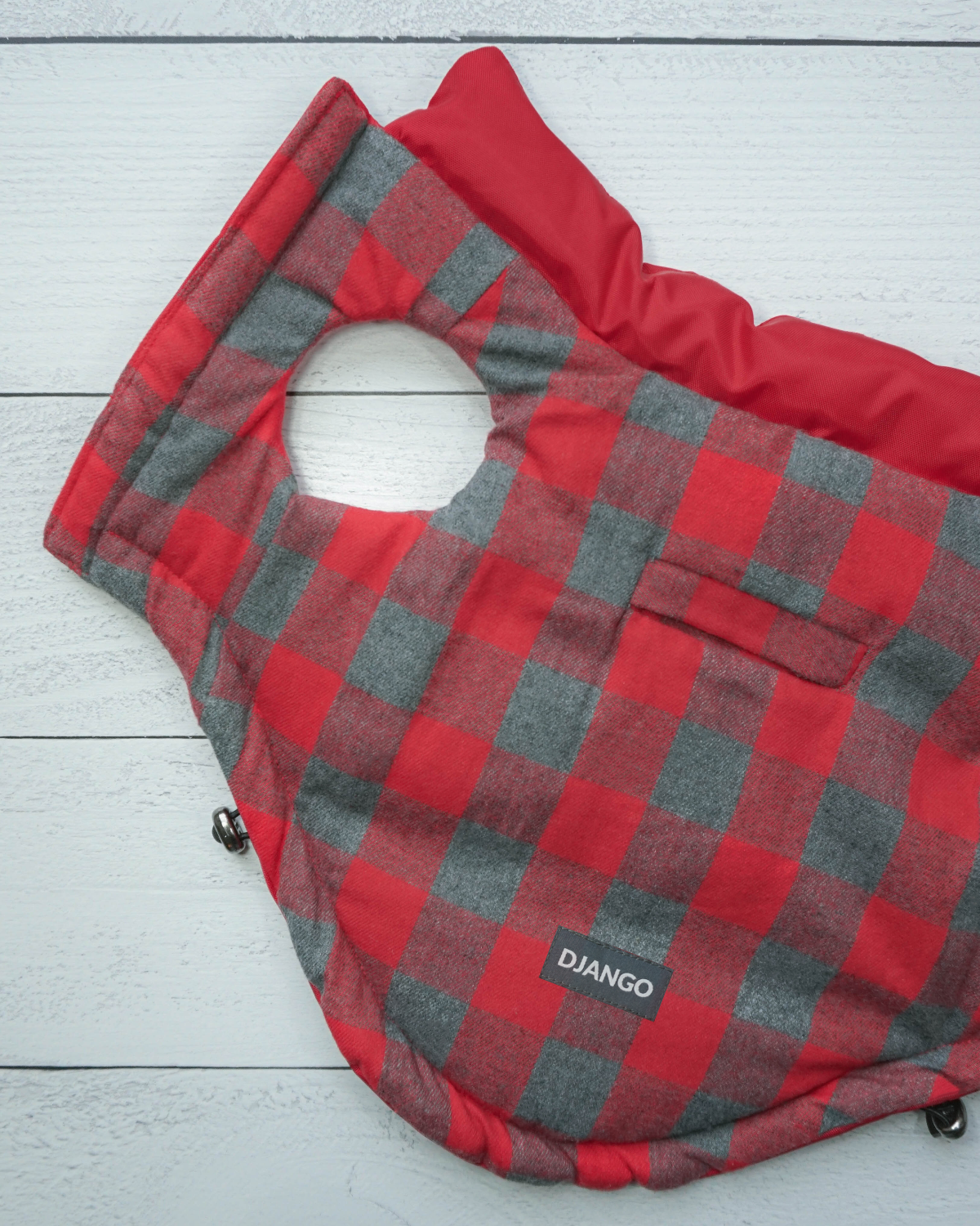 Cozy Plaid-Lined Red Dog Coat: The soft plaid interior adds warmth and timeless charm, perfectly complementing the bright red exterior for a fashionable winter look.