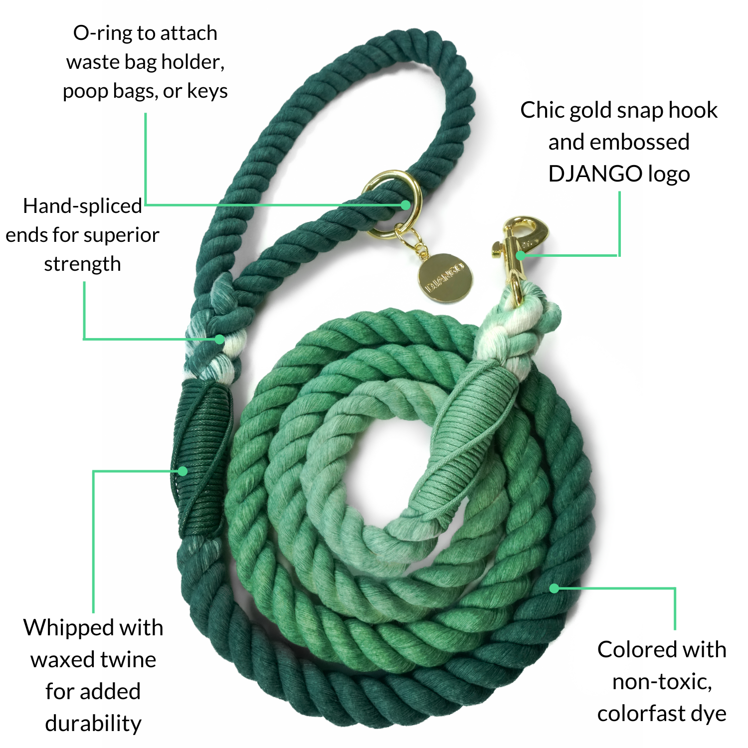 Strong rope leash with premium craftsmanship for long-term use.