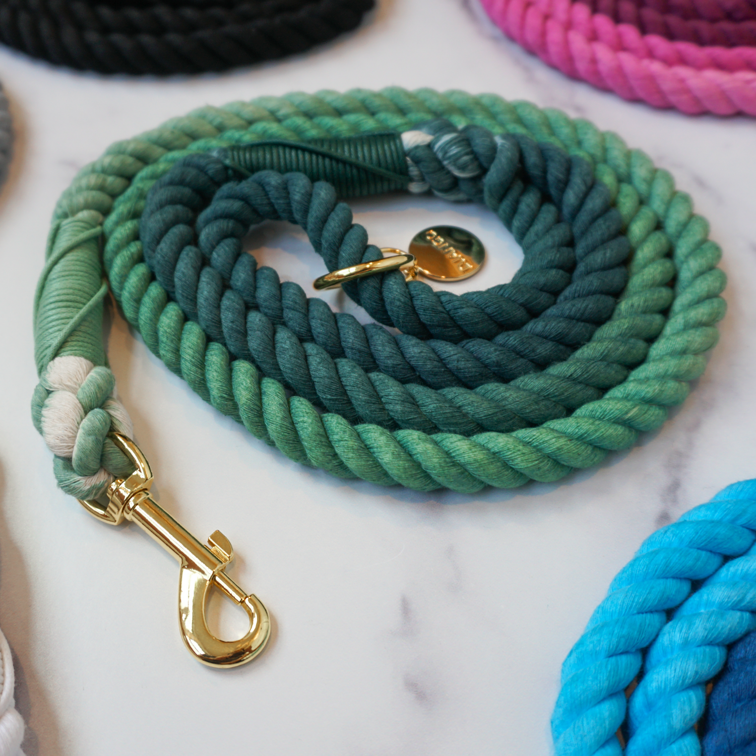 Hand-spliced green rope leash with a comfortable grip and sturdy build.
