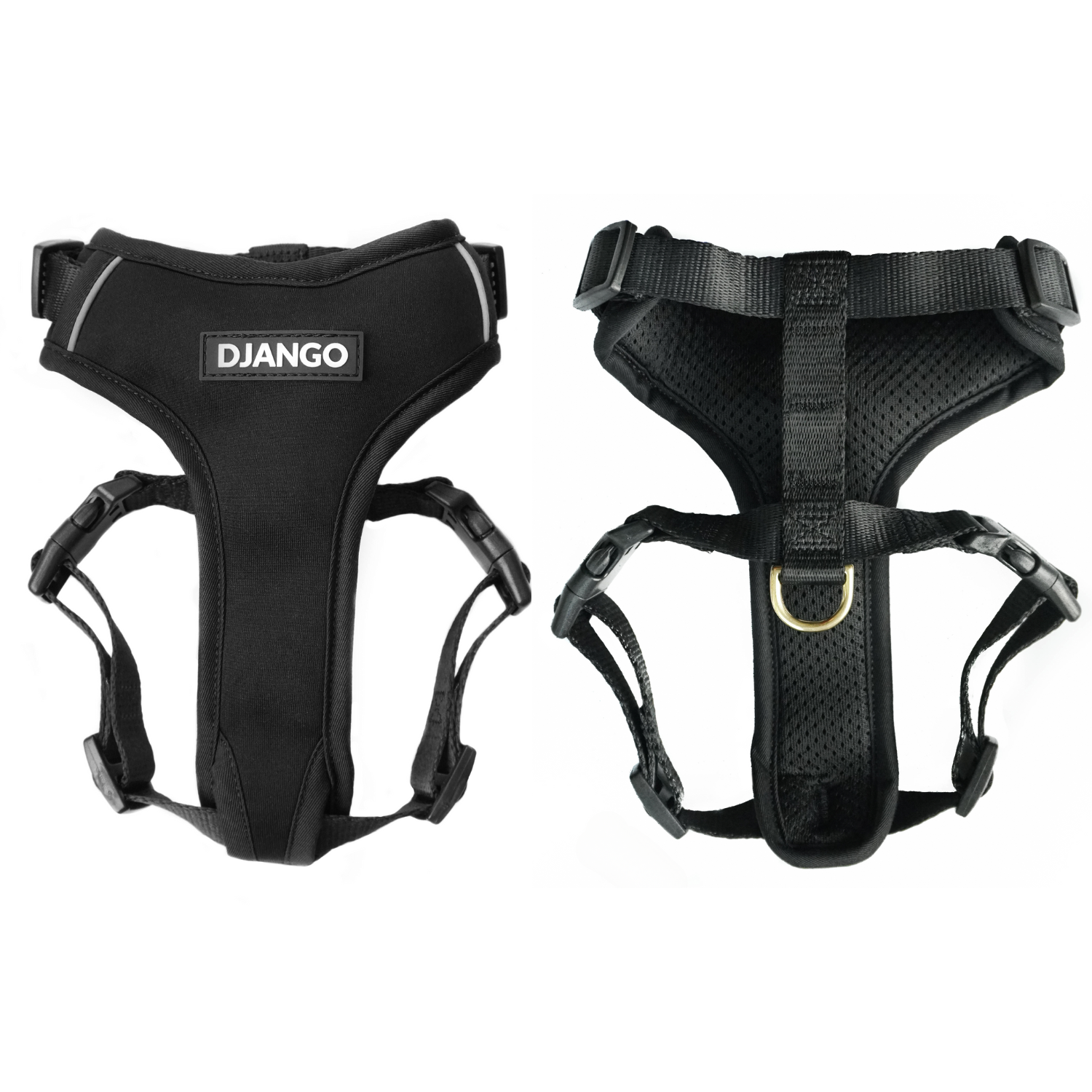 Designed for comfort and durability, this adjustable neoprene black escape-proof dog harness offers a secure fit for small and medium dogs.