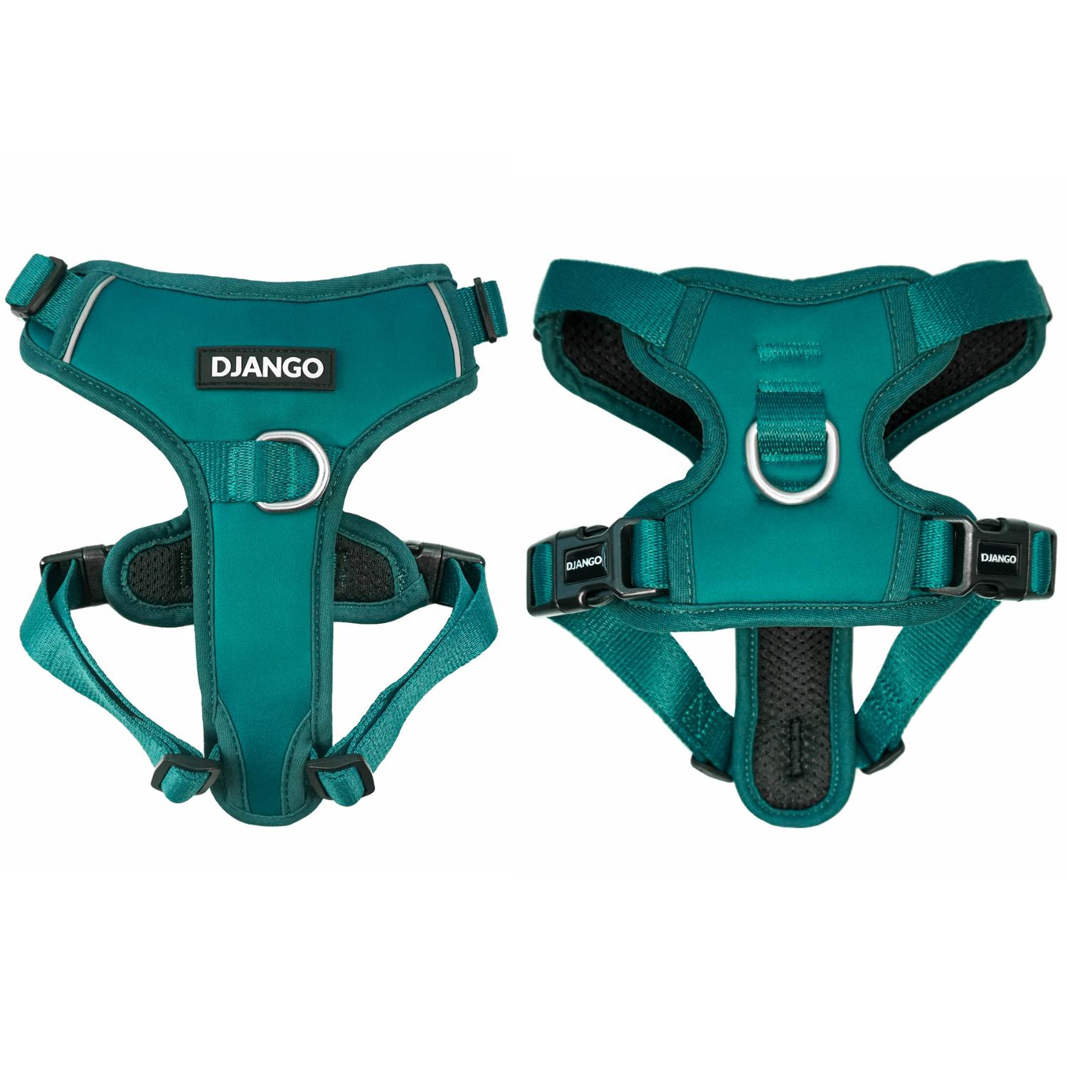 Premium padded adjustable reflective and comfortable dark teal green no pull dog harness for small medium large XL and XXL dogs. Strong durable and designed for adventure and everyday wear