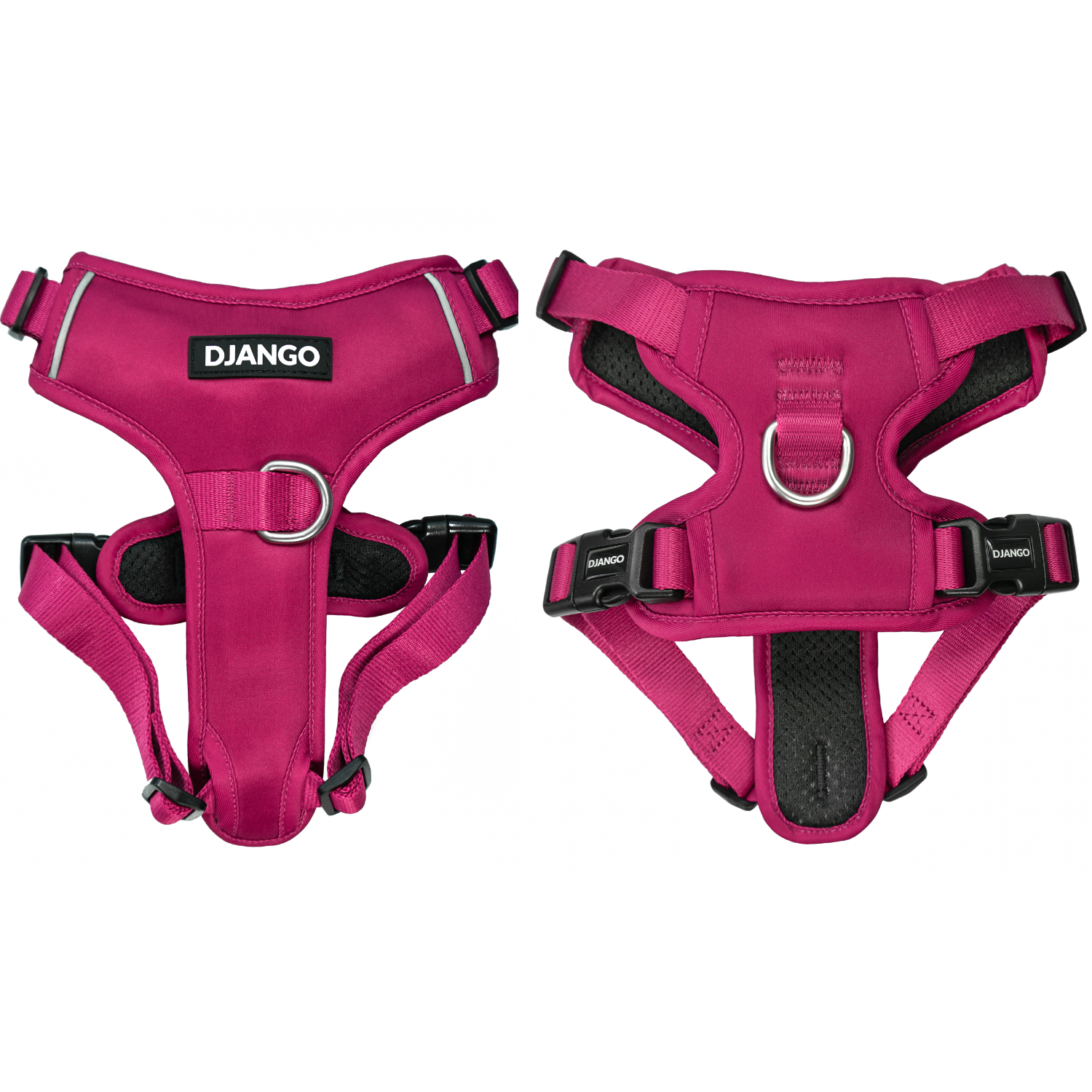 Premium padded adjustable reflective and comfortable pink no pull dog harness for small medium large XL and XXL dogs. Strong durable and designed for adventure and everyday wear