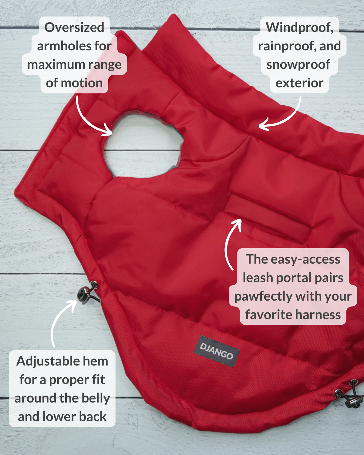 Adjustable Dog Jacket with Harness Hole: This winter coat features adjustable straps for a perfect fit and a built-in harness hole for easy leash attachment, making it both functional and convenient.