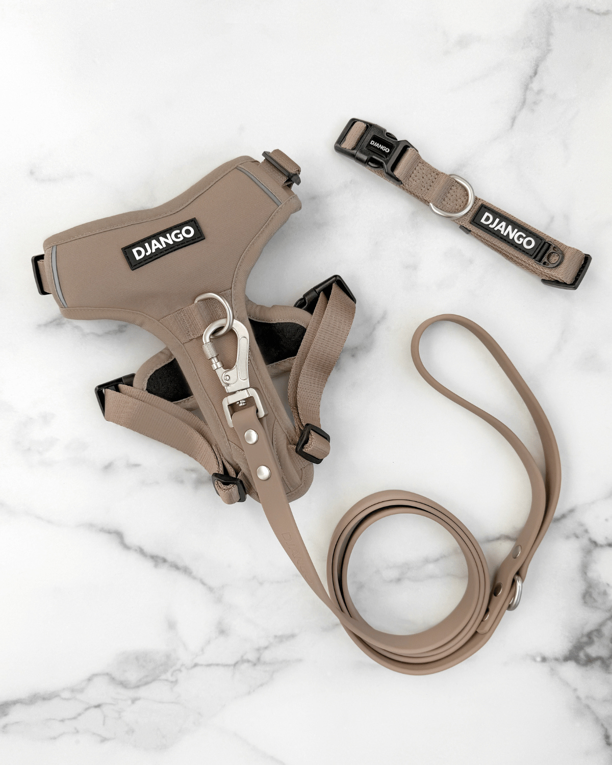 Modern and stylish no pull dog harness, waterproof dog leash, and comfy dog collar – Sandy Beige color with durable buckles, easy-adjust straps, and a secure fit for better control