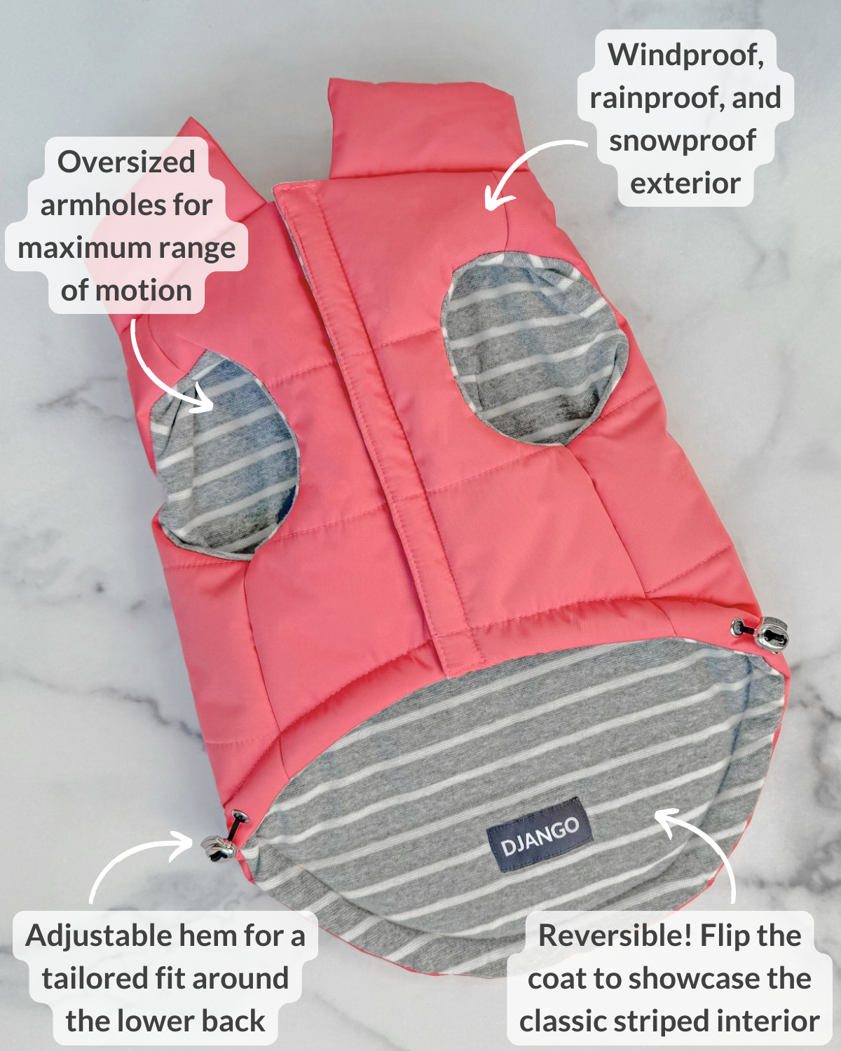 Keep your dog warm and cozy this winter! Designed for all small and medium-sized dogs like beagles, miniature poodles, cockapoos, corgis, and basenjis, this pink winter dog coat is stylish and water-repellent.