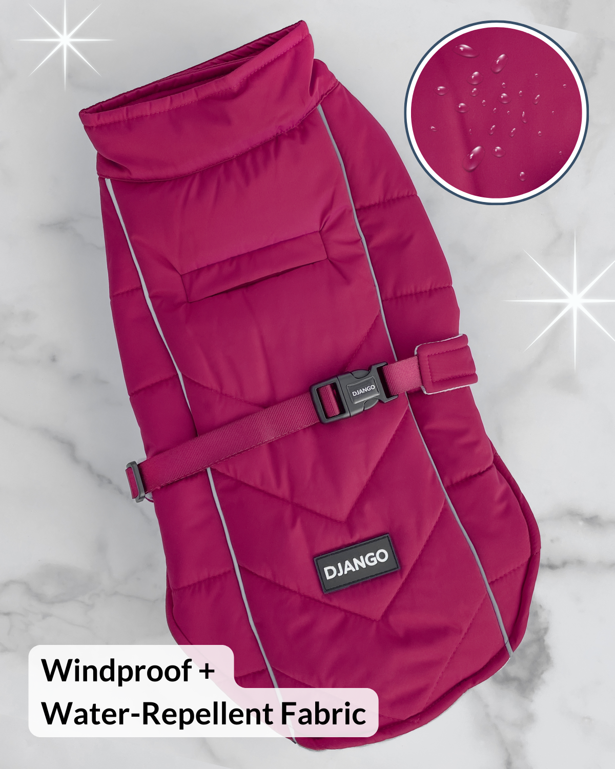 Pink adjustable puffer dog coat with water droplet detail on fabric, Django brand visible