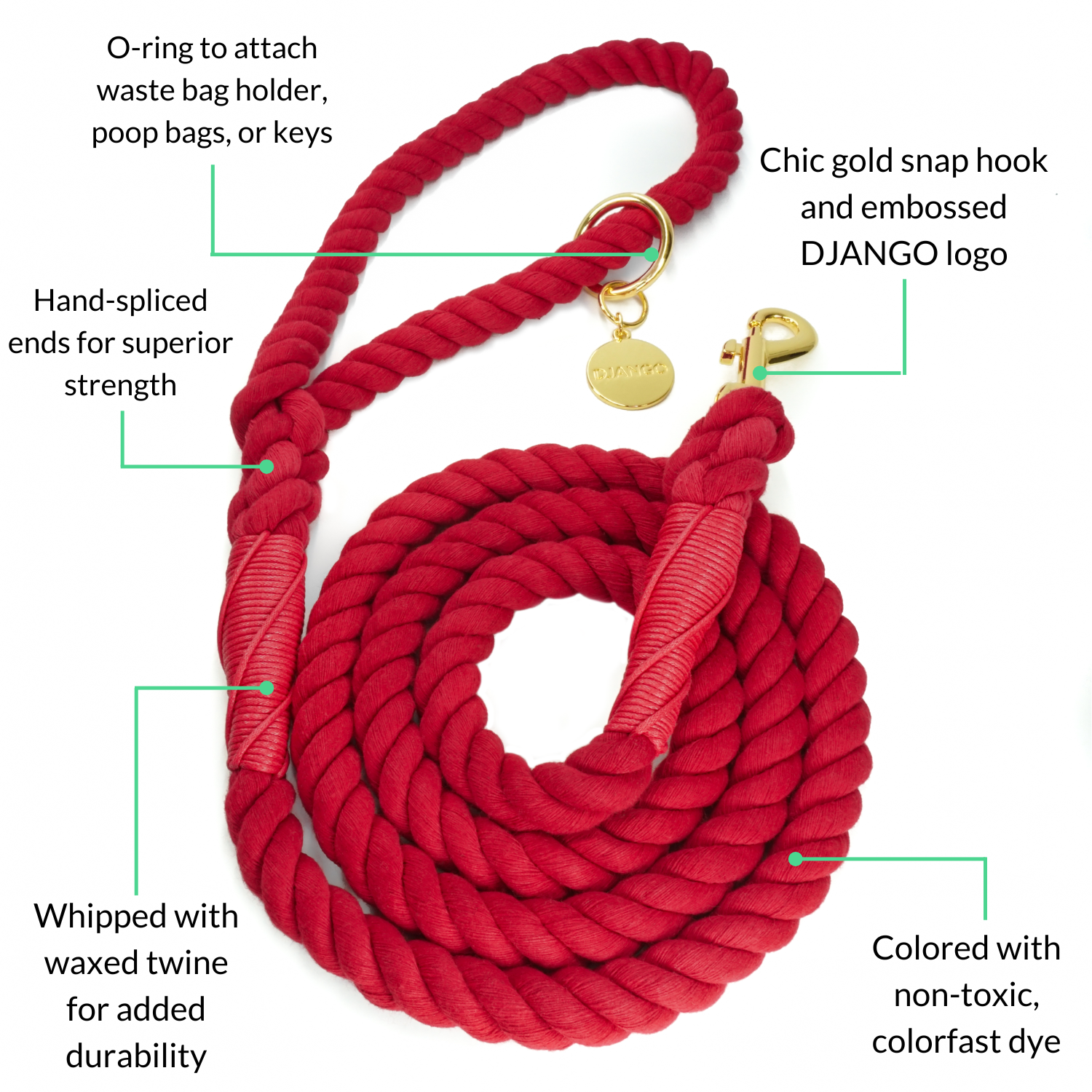 Premium cotton rope dog leashes with gold hardware. Secure, comfortable, and durable rope leash for small dogs and large dogs