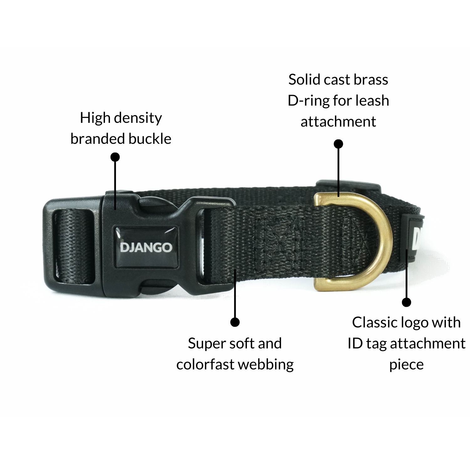 Side view of the black DJANGO Adventure Dog Collar with adjustable webbing for a custom fit on small and medium dogs.