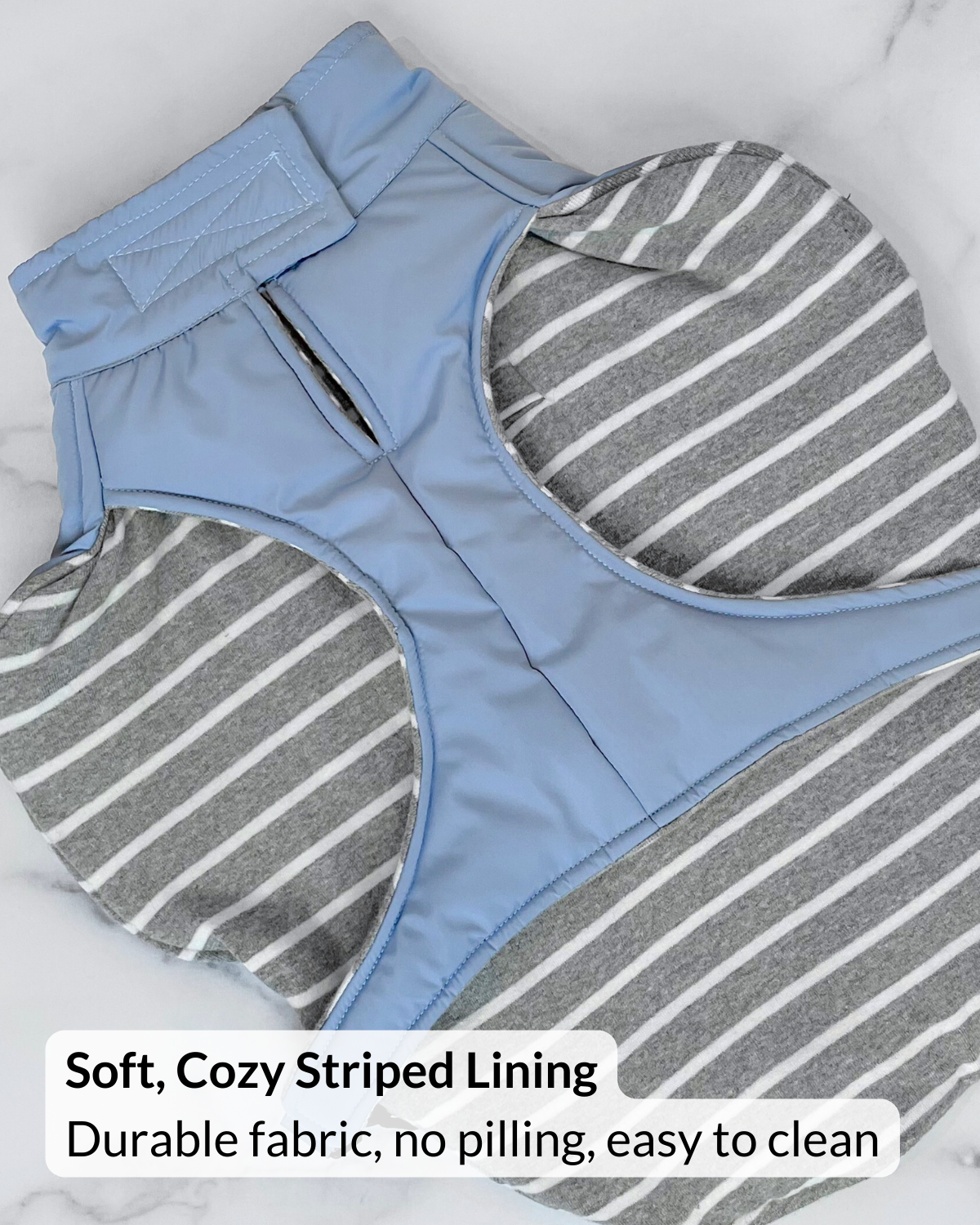 Cozy dog winter jacket with secure buckle in dusk blue