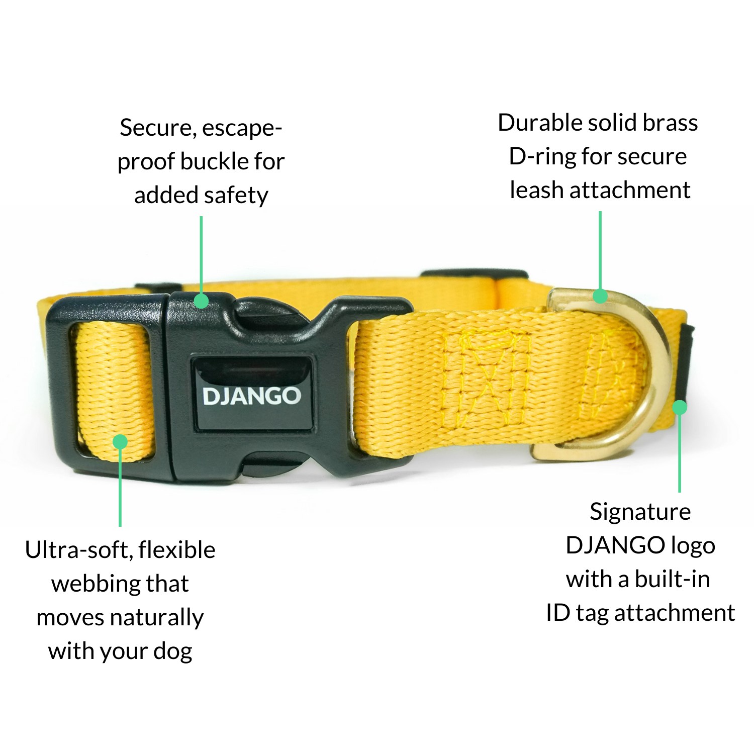 Adjustable dandelion yellow DJANGO Adventure Dog Collar, perfect for small and medium dogs. Features a secure side-release buckle and durable webbing.