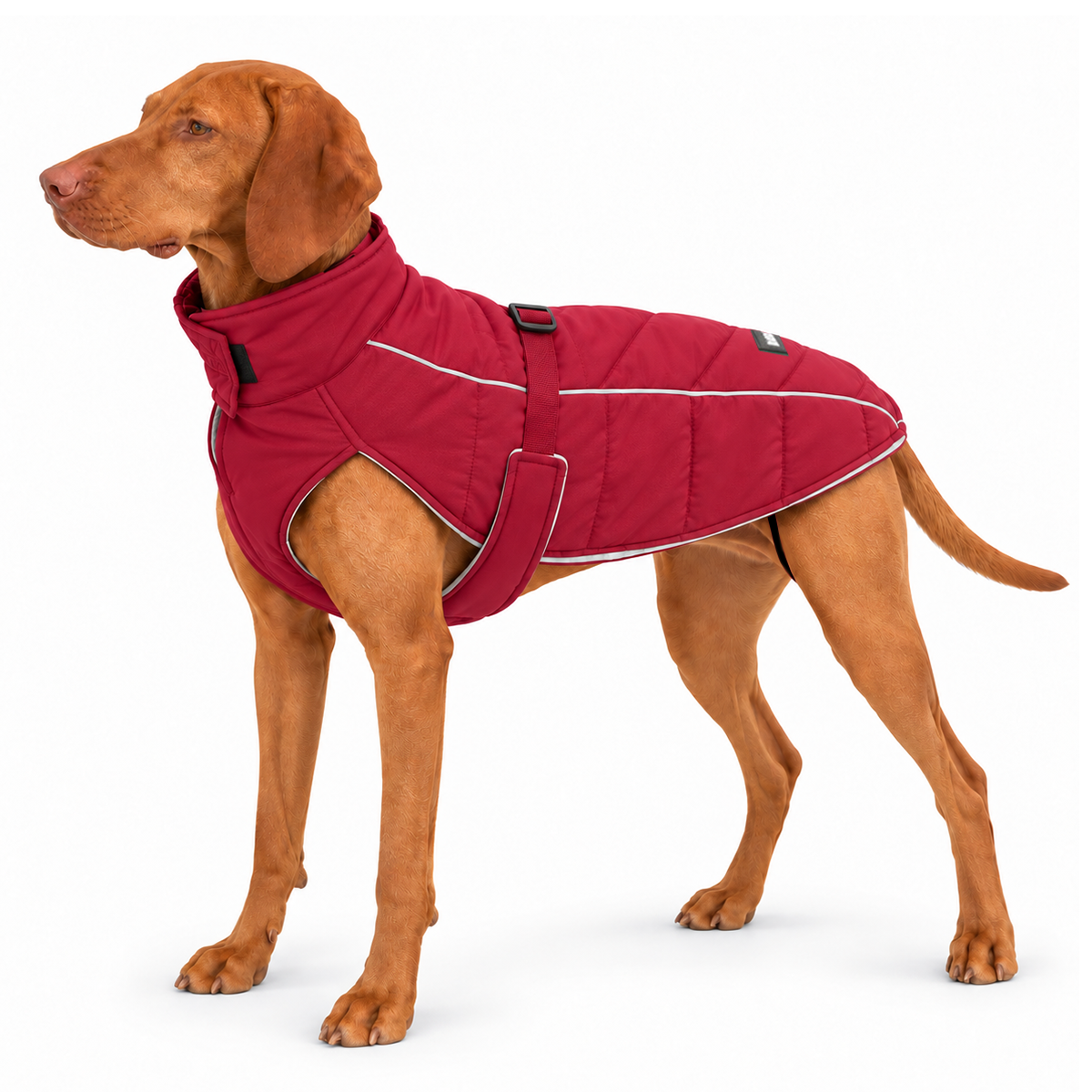 Vizsla wearing the Firelight Red DJANGO Whistler insulated winter dog coat