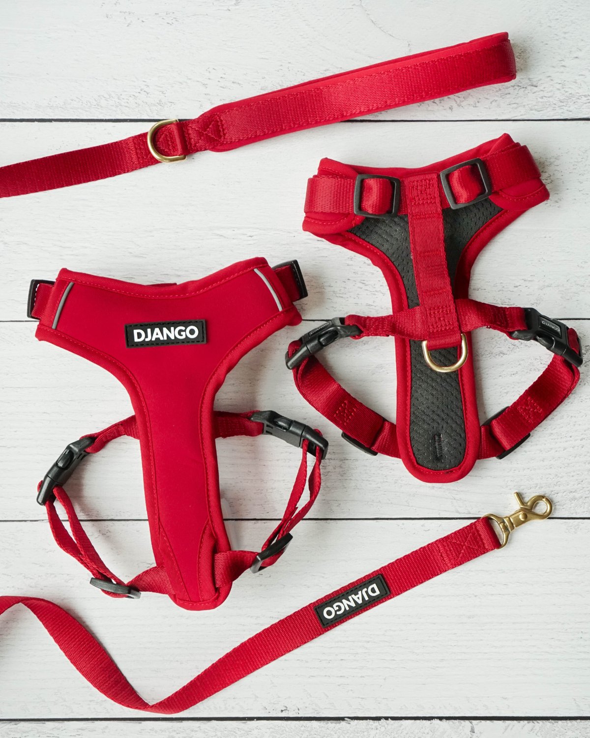 Front and back lay flat views of DJANGO Adventure Dog Harness in Crimson Red with matching leash and solid cast brass hardware