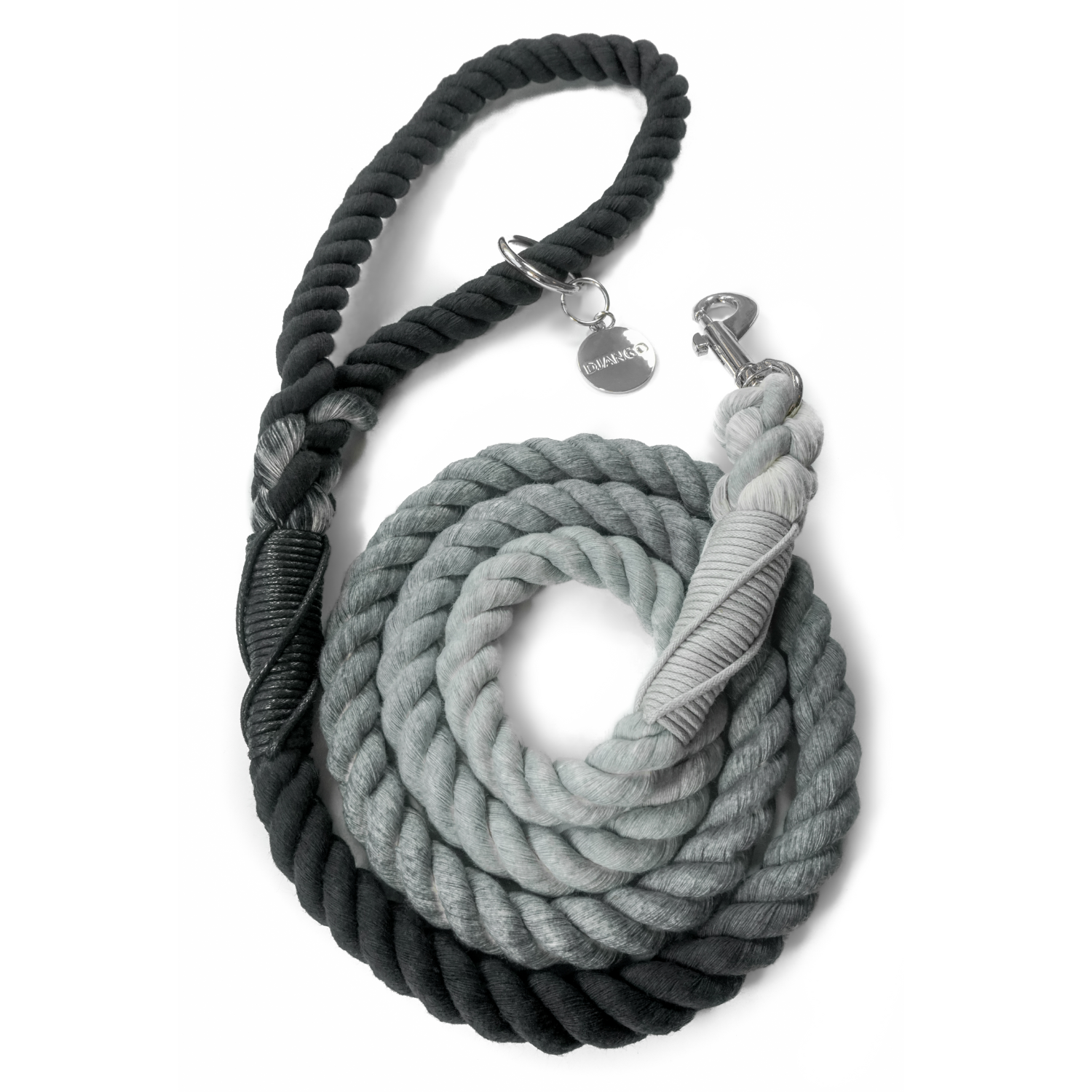 Handmade Poppy Seed Gray and Black Ombre Rope Dog Leash. Durable and stylish poppy seed gray ombre rope dog leash, hand-spliced for strength. Perfect for small, medium, and large dogs.
