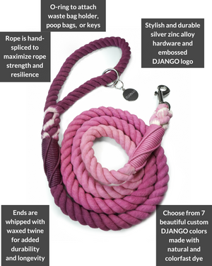 DJANGO Raspberry Purple Cotton Rope Dog Leash - You and your dog will be the most stylish ones on the sidewalk with this handcrafted and hand-dyed green ombré cotton rope leash. Crafted from soft and flexible three-strand natural cotton rope, the rope leashes are hand-spliced and the ends whipped, resulting in an incredibly strong yet effortlessly chic and comfortable dog lead. Silver hardware adds additional sophistication to the stylish dog lead. Leash length measures 5 feet (152 cm) - djangobrand.com