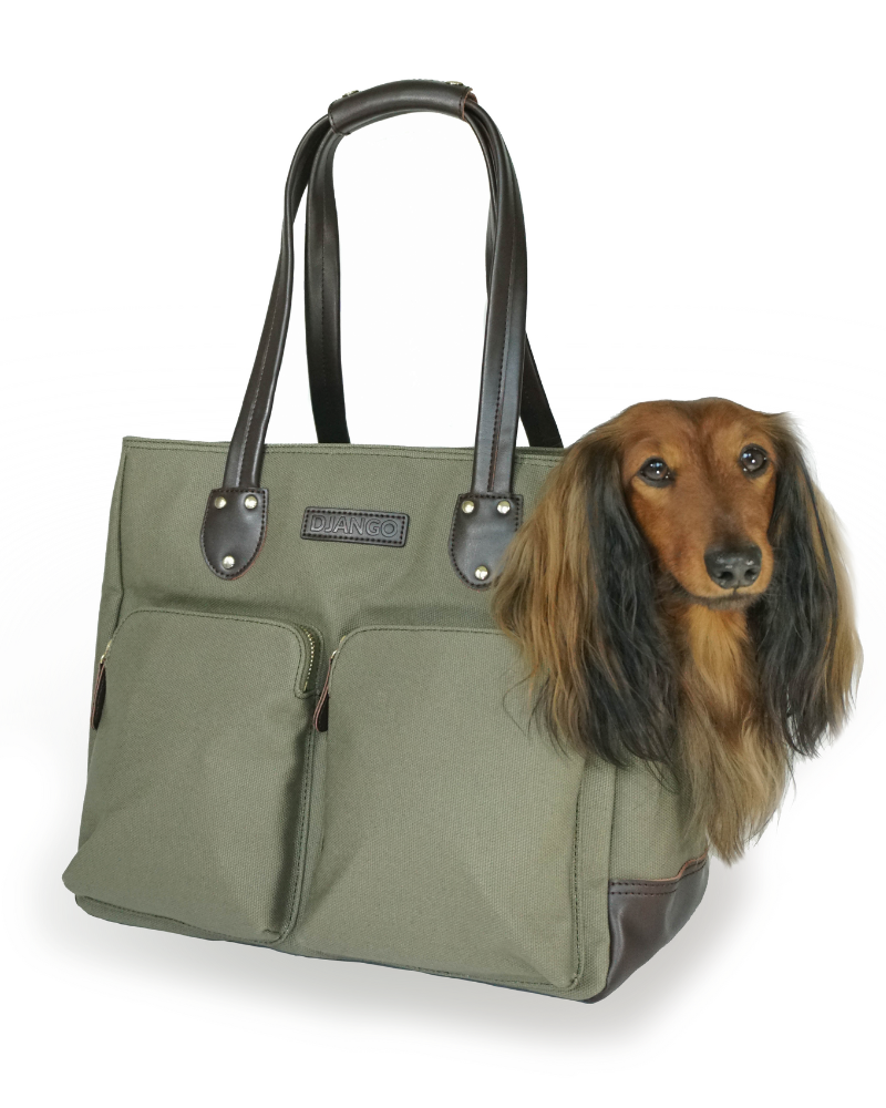 Django Dog Carrier Bag Waxed Canvas Leather Pet Travel Tote Olive Green Medium 14.5 L x 8 W x 12.5 H