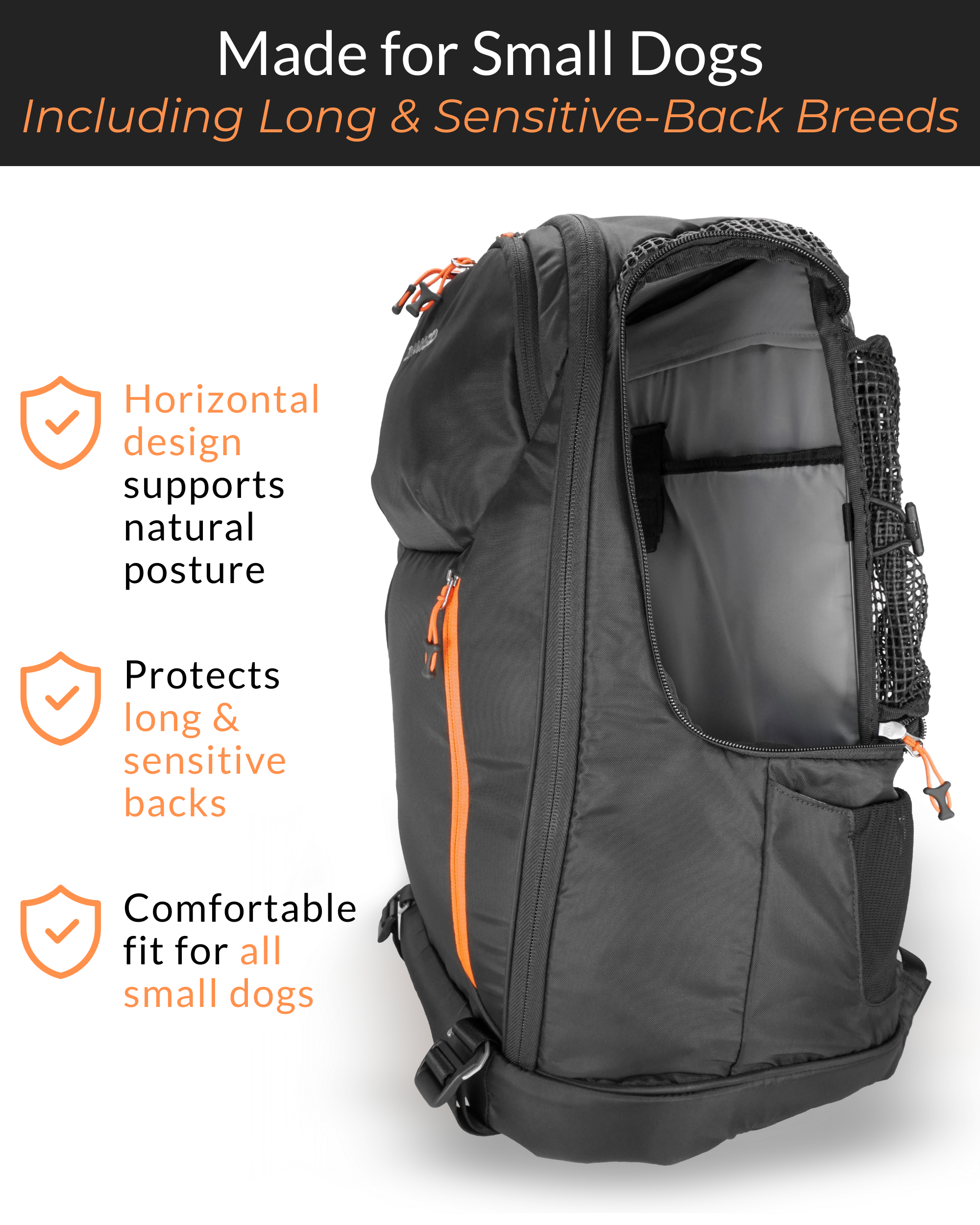 DJANGO dog carrier backpack with horizontal design supporting dachshunds, corgis, French bulldogs, pugs, and other small dogs up to 25 lbs — safe posture for long and sensitive backs