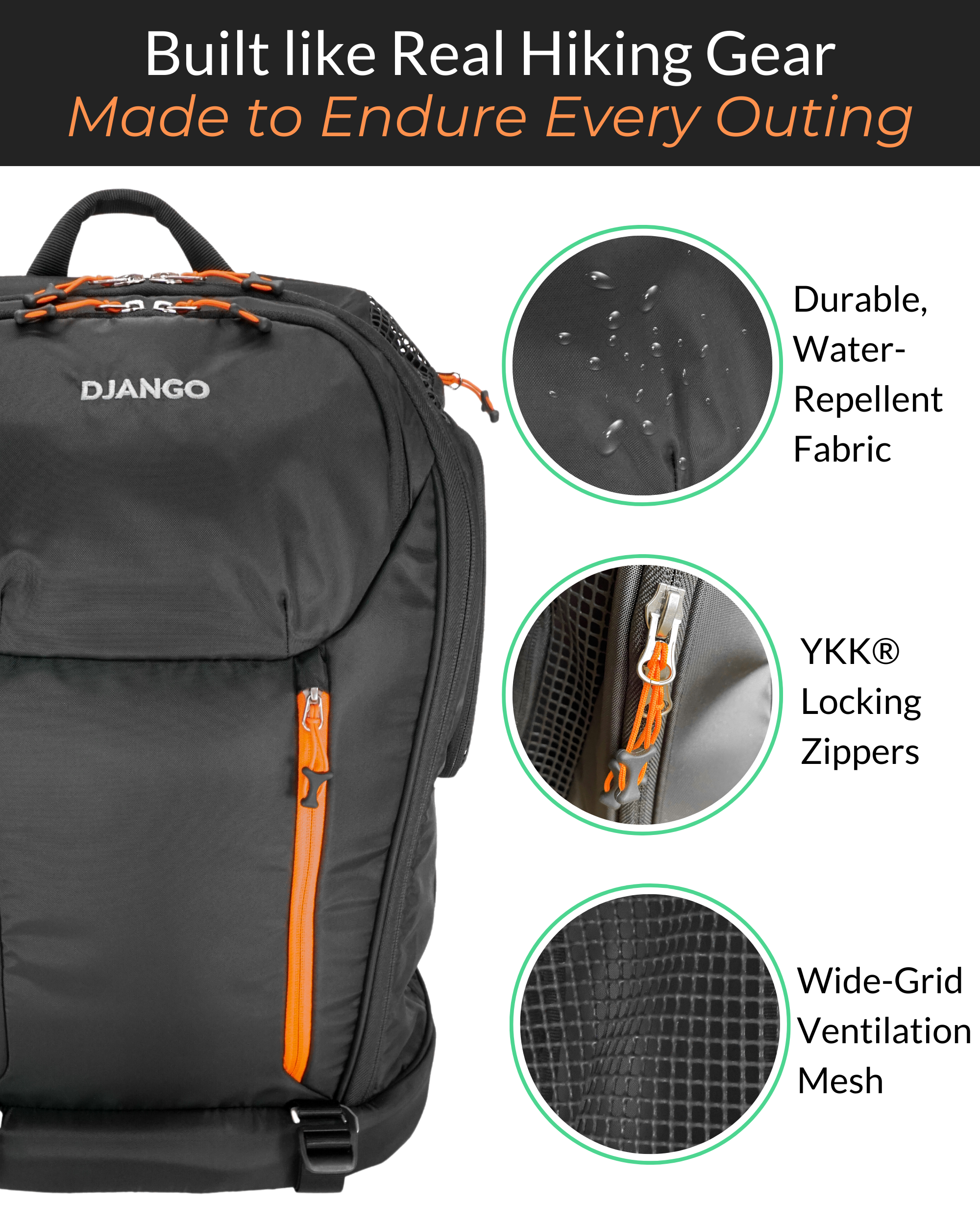 Close-up of DJANGO dog carrier backpack built like real hiking gear with water-repellent fabric, YKK locking zippers, and durable wide-grid mesh — designed for small dogs up to 25 lbs