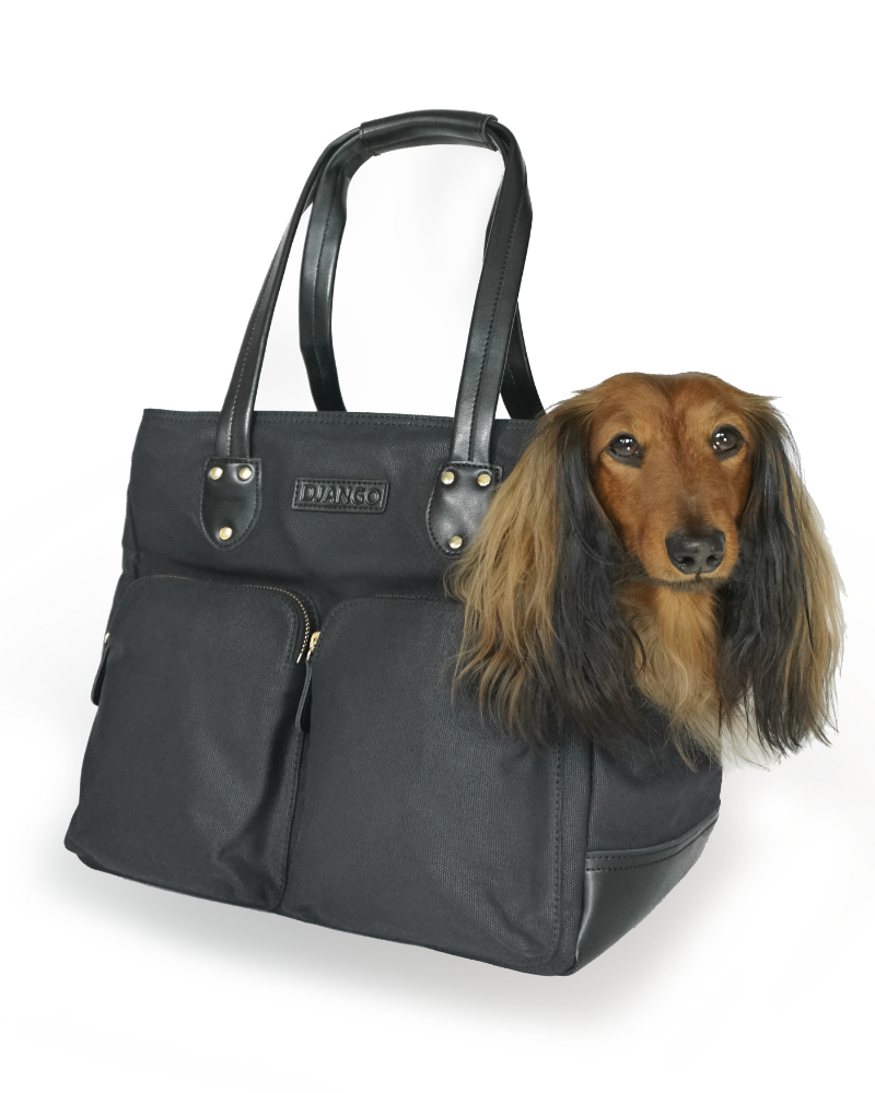 Dog Carrier Bag Waxed Canvas Leather Pet Travel Tote Black