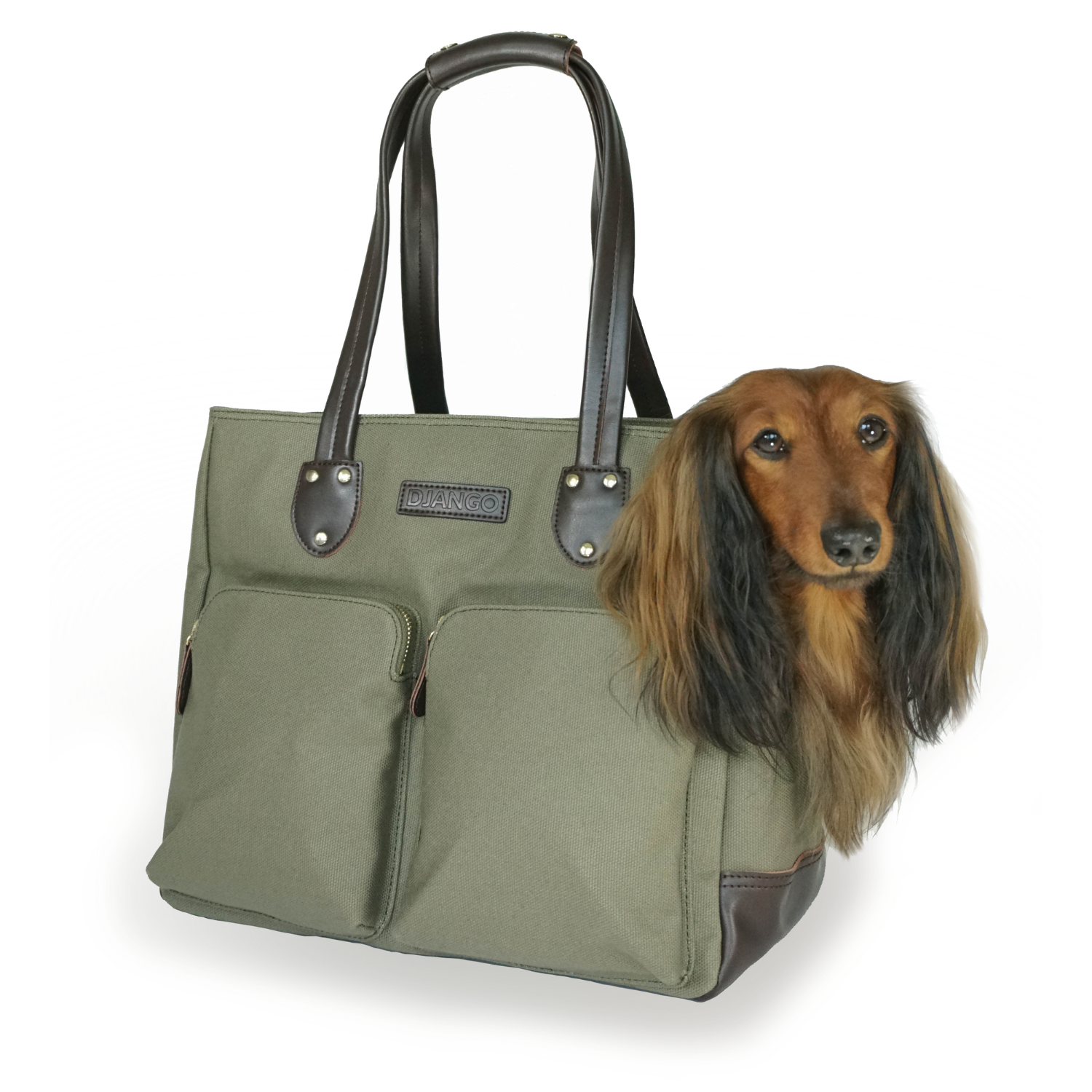 premium designer best dog carrier tote bag and pet travel tote in olive green waxed canvas with zipper pockets and genuine leather