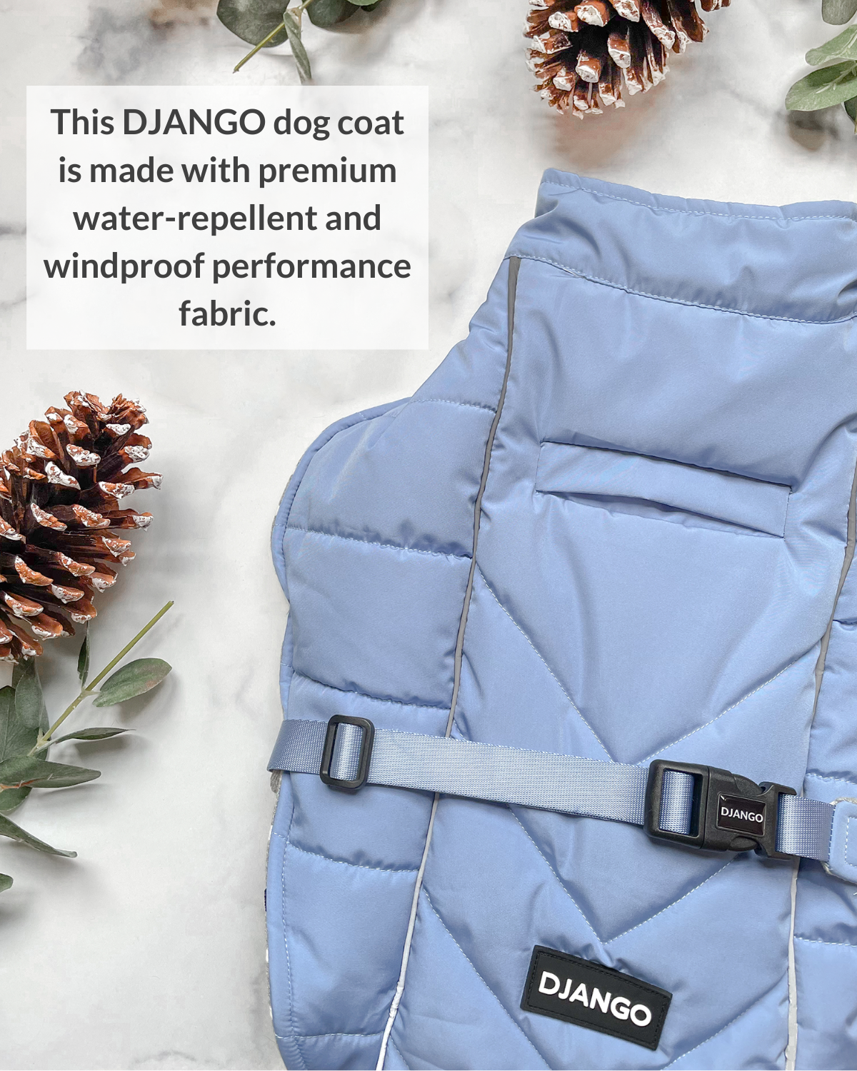 DJANGO's Whistler Winter Dog Coat is a warm and comfortable cold weather dog parka. Insulated for the coldest winter weather, this alpine-inspired puffer dog coat features a windproof and water-repellent exterior, a soft and cozy interior lining, and reflective piping for low light adventures. An adjustable webbing chest strap and velcro neck closure allow for easy on-off and a tailored fit around your dog's body
