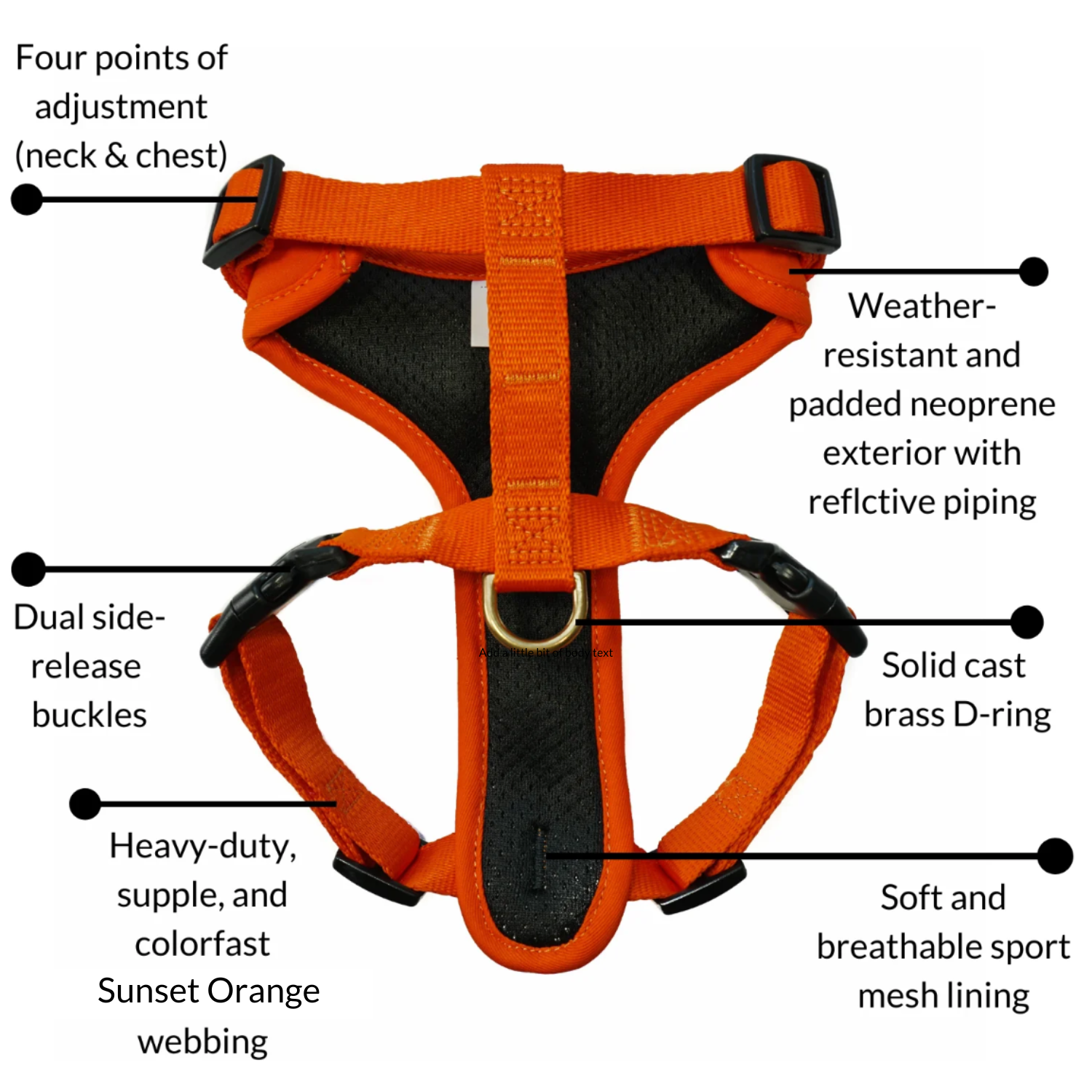 DJANGO's Adventure Dog Harness features a water-resistant and durable neoprene exterior, a lightweight and padded dog harness body, super soft custom webbing for max comfort, reflective piping for low light adventures, secure side release buckles for easy on and off, and a beautiful solid cast brass D-ring - djangobrand.com