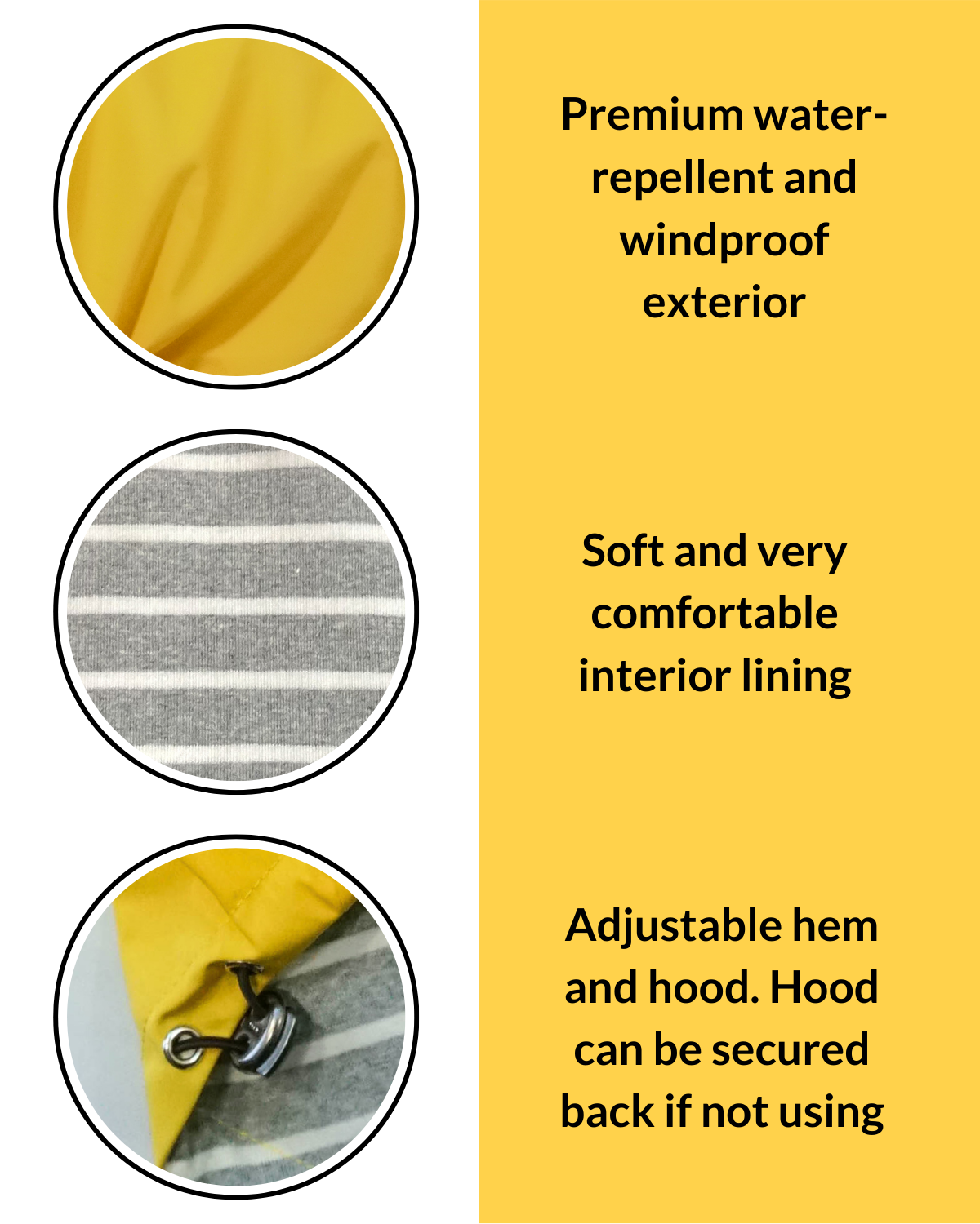 This hooded dog raincoat features a water-repellent exterior, cozy interior, and adjustable hood and hem.