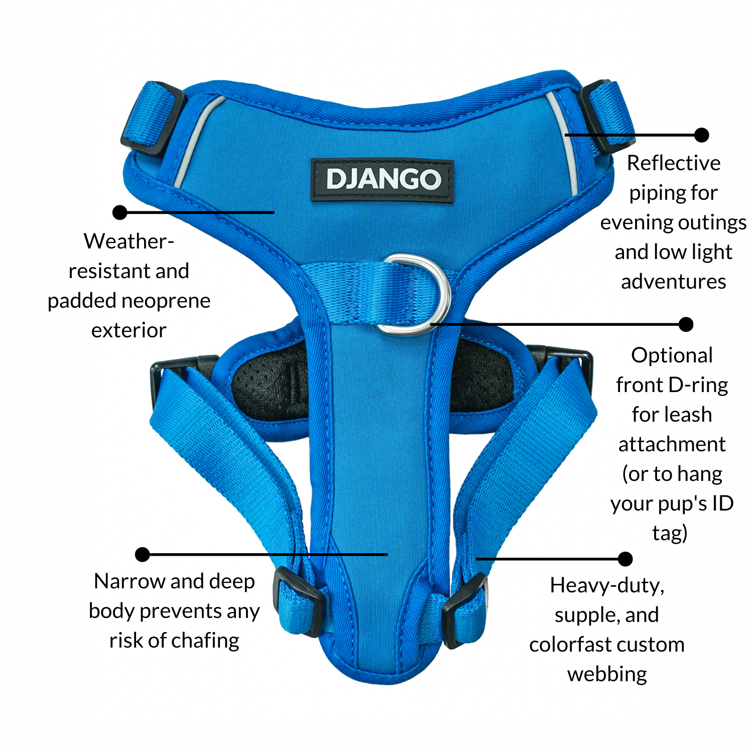 DJANGO Tahoe No Pull Dog Harness in Alpine Blue - Key features include a weather-resistant and padded neoprene exterior, a narrow and deep harness body (to prevent the risk of chafing) reflective piping, and soft webbing. - djangobrand.com
