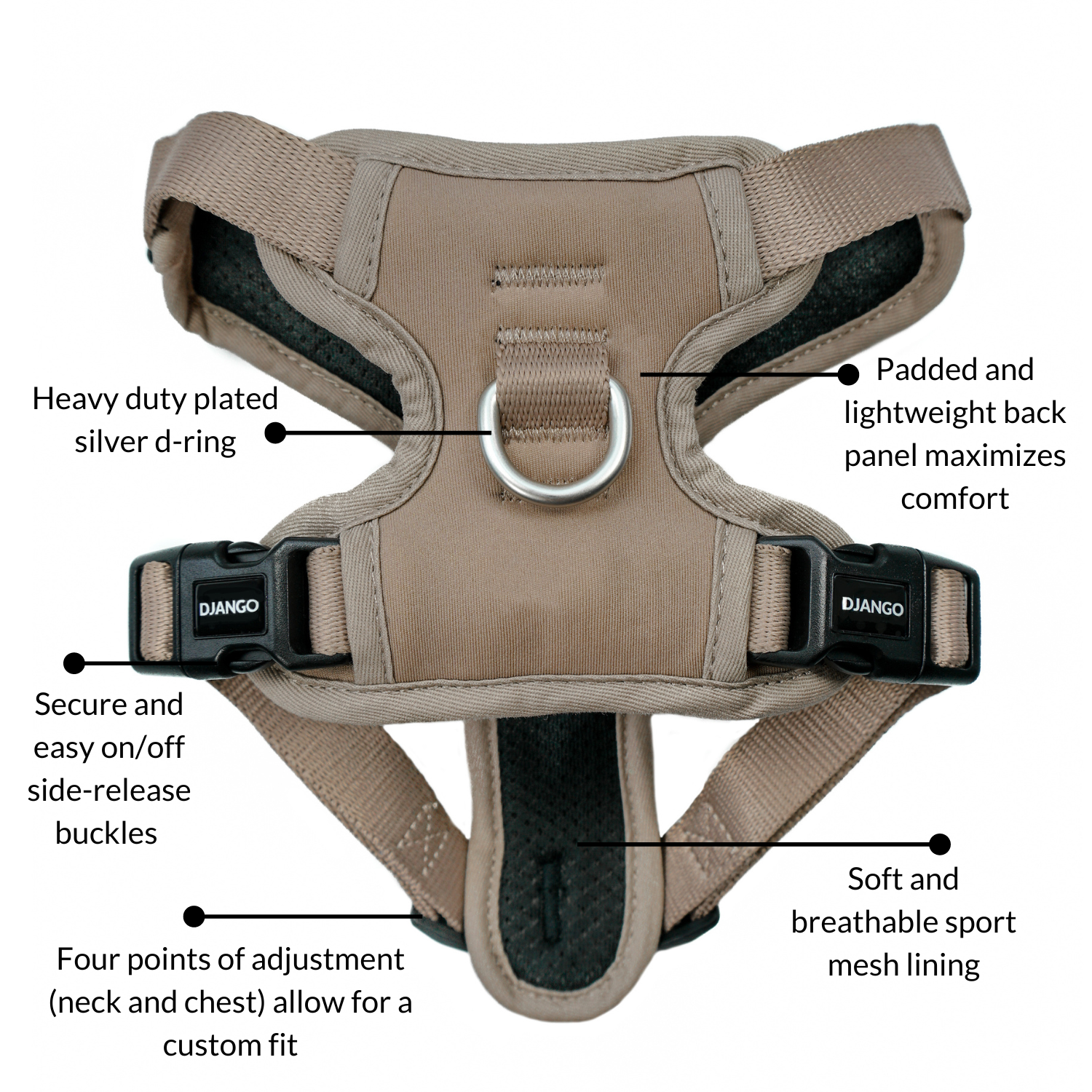 DJANGO Tahoe No Pull Dog Harness in Sandy Beige - Additional features include a padded and lightweight back panel for added comfort, soft and breathable mesh lining, four points of adjustment, secure and easy on/off buckles, and heavy duty plated silver hardware. - djangobrand.com