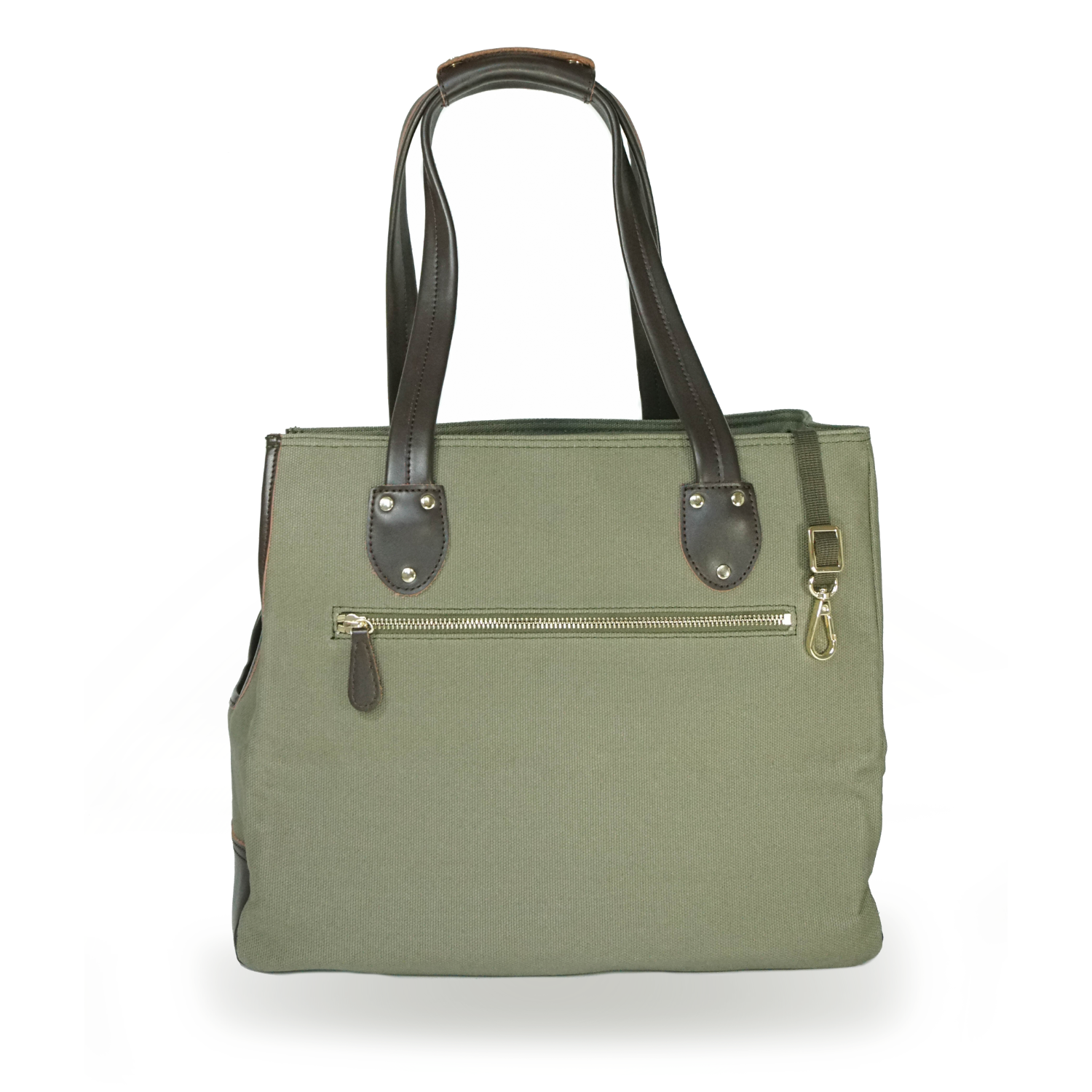 Back of olive green waxed canvas dog carrier tote handbag with dark brown leather handles and gold hardware on a white background