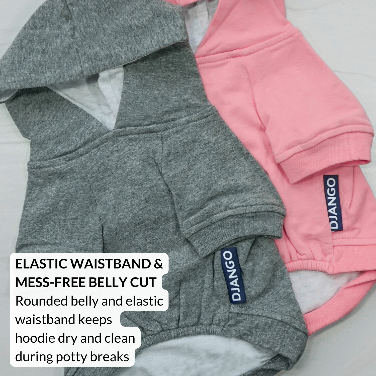 Gray and pink hoodies with Django branding on a light background