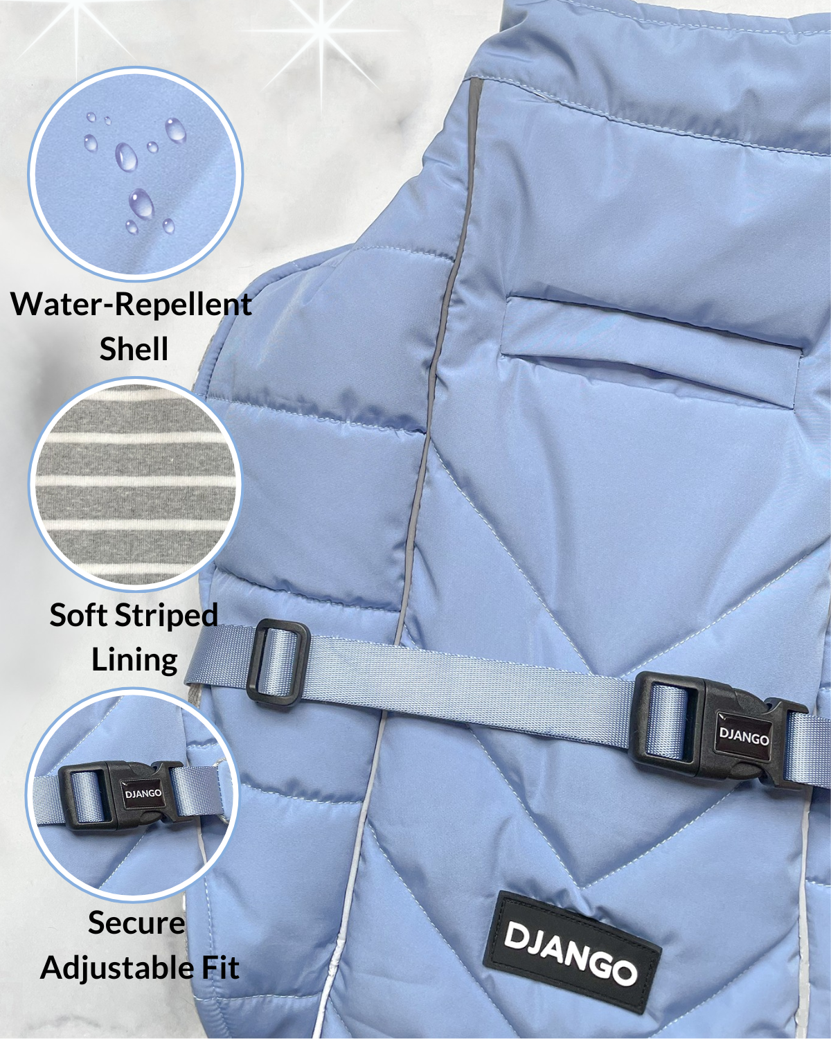 Dusk Blue Whistler dog coat showing its water-repellent shell, soft striped lining, reflective piping and adjustable chest buckle