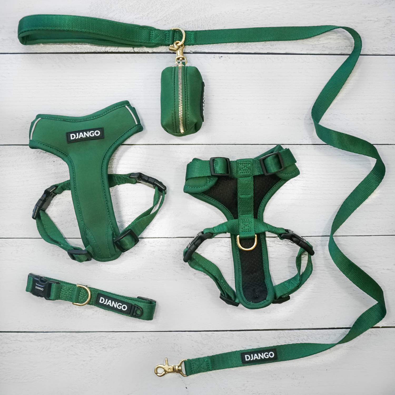 Forest green DJANGO Adventure Bundle, ideal for small and medium dogs, designed with durable fabric and brass hardware for both daily walks and outdoor exploration.