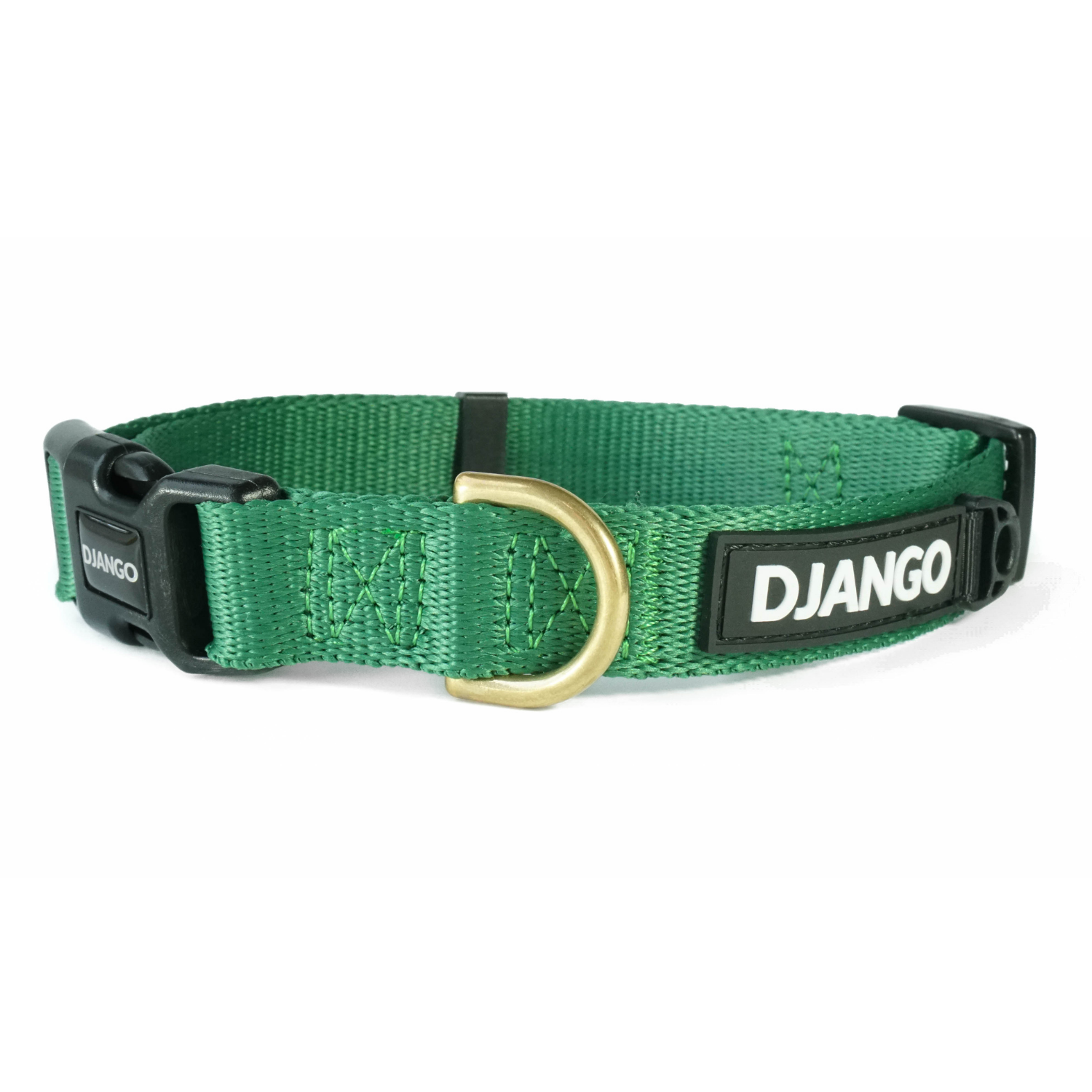 Forest green DJANGO Adventure Dog Collar for small and medium dogs, made with durable webbing and solid brass hardware for style and comfort