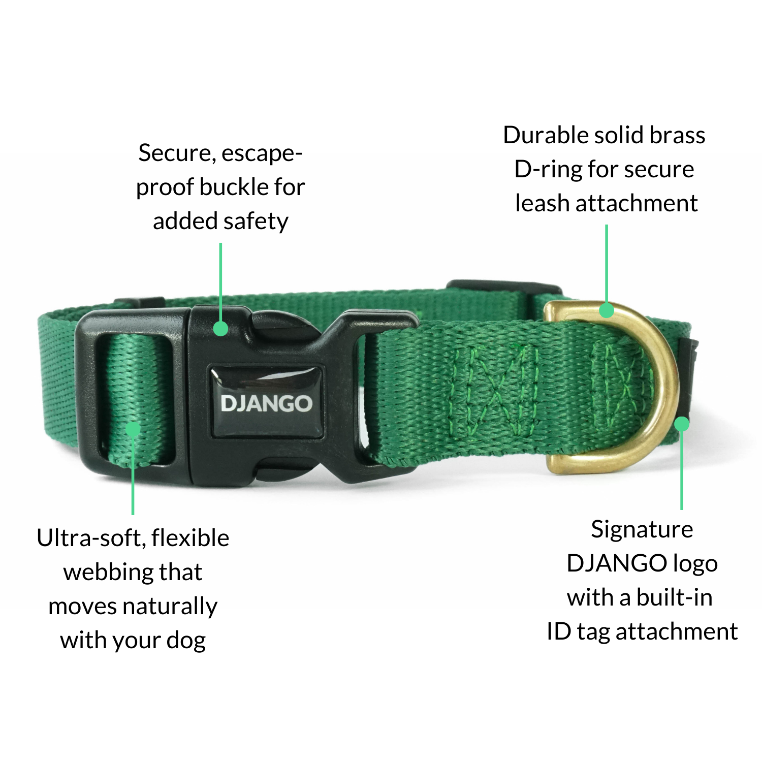 Adjustable forest green DJANGO Adventure Dog Collar, designed for small and medium dogs, featuring a secure side-release buckle for easy wear and removal