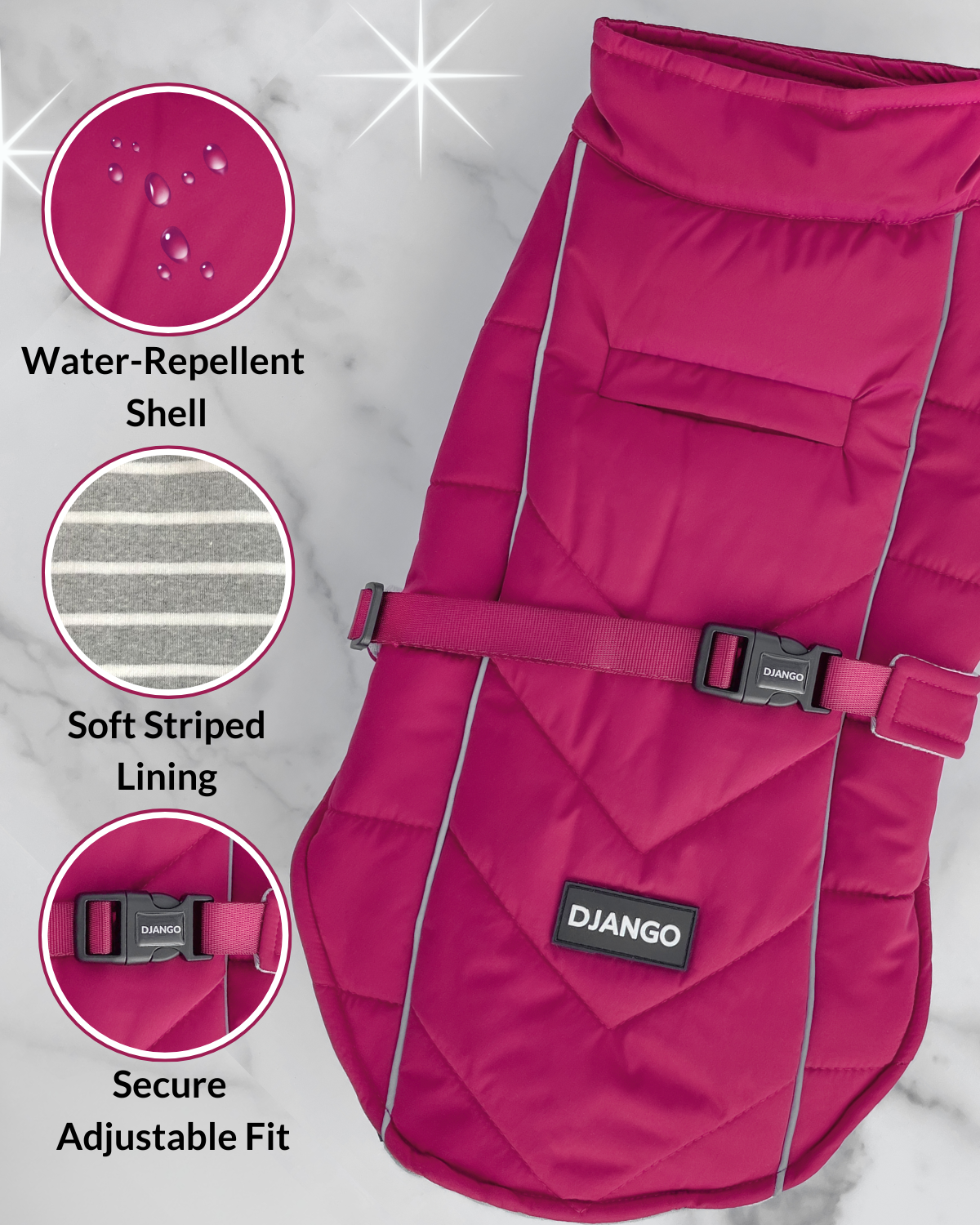 A bright pink quilted dog coat with an adjustable strap and black plastic buckle, shown on a light marble background with three circular feature callouts reading Water-Repellent Shell, Soft Striped Lining, and Secure Adjustable Fit. A black label on the coat reads DJANGO.