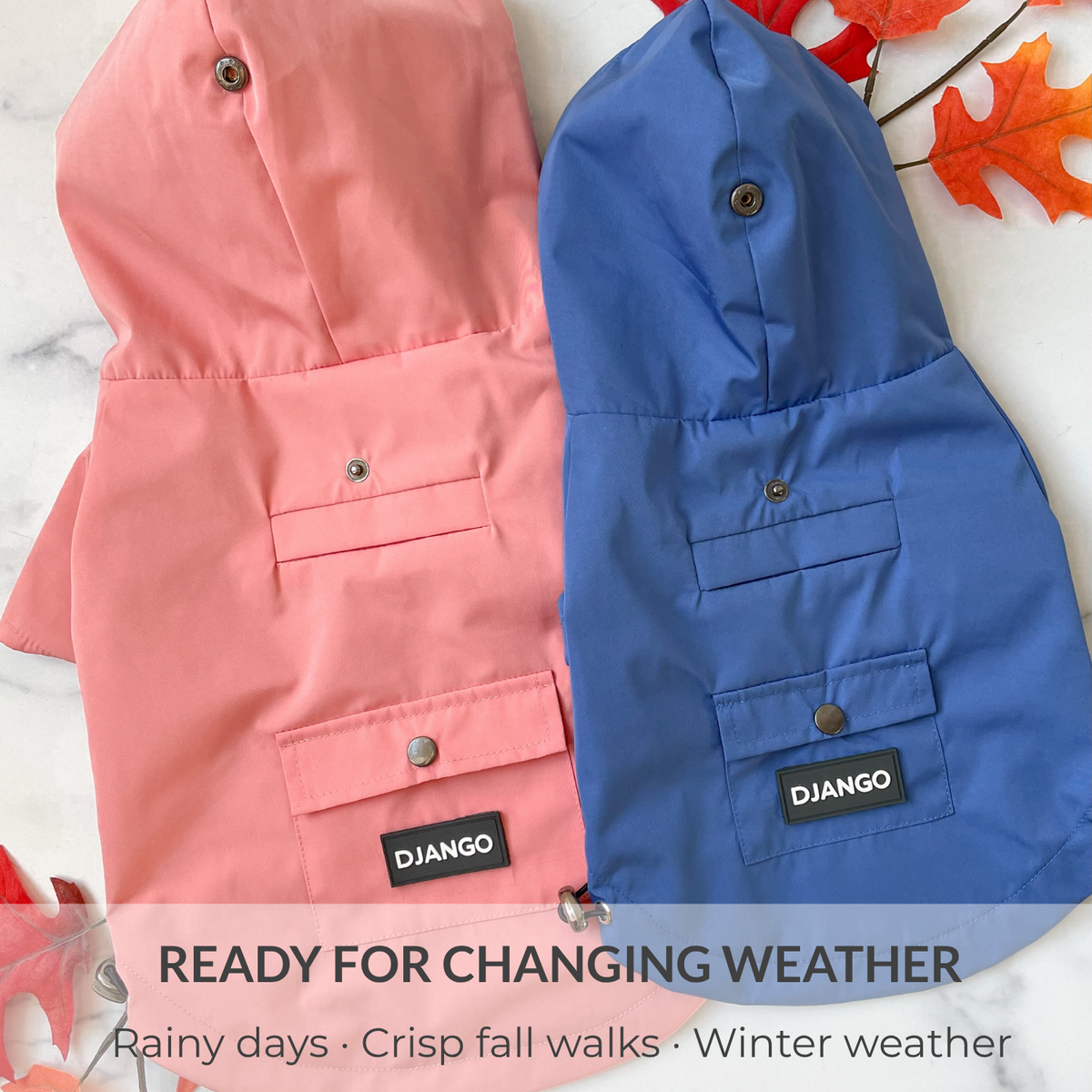 Quartz Pink and Mariner Blue Highland Dog Jackets & Raincoats displayed with hoods, back pockets, and autumn leaves