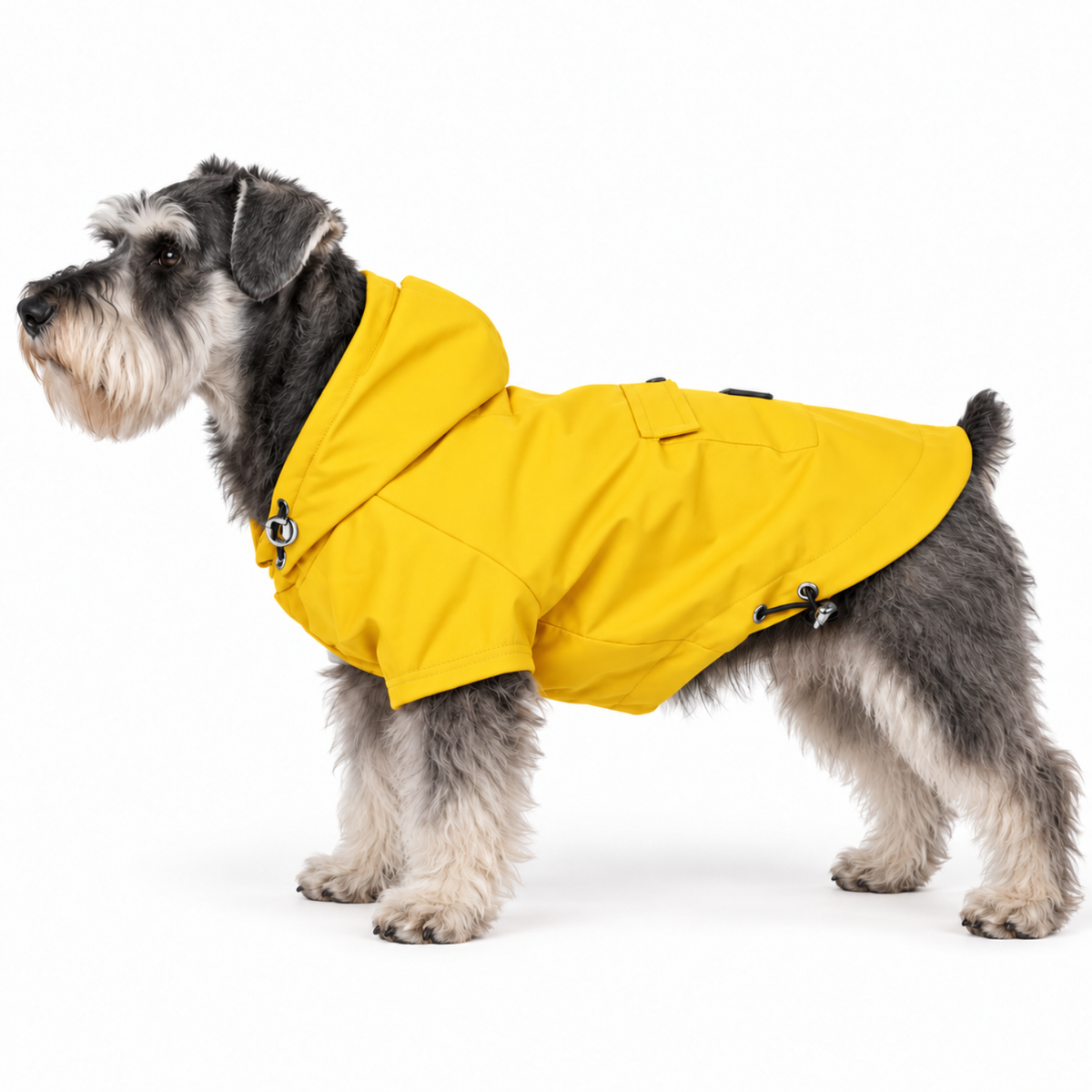 Miniature Schnauzer wearing the Dandelion Yellow Highland Dog Jacket & Raincoat with hood